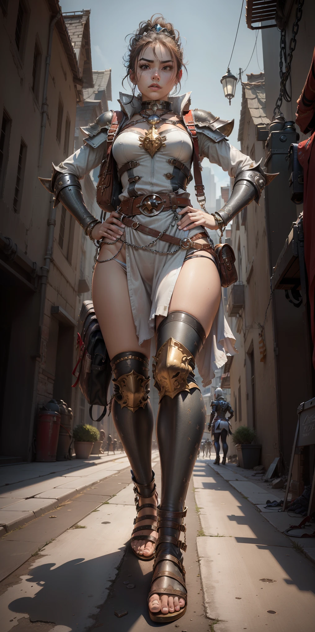 full body, whole body. 1solo (girl). slave fighter, loincloth standing, hands on hips full body, whole body. 1solo (girl). slave fighter, loincloth standing, hands on hips, metal sandals, backpack, choker, big belt, view from below, feet together, bracers, tiara
