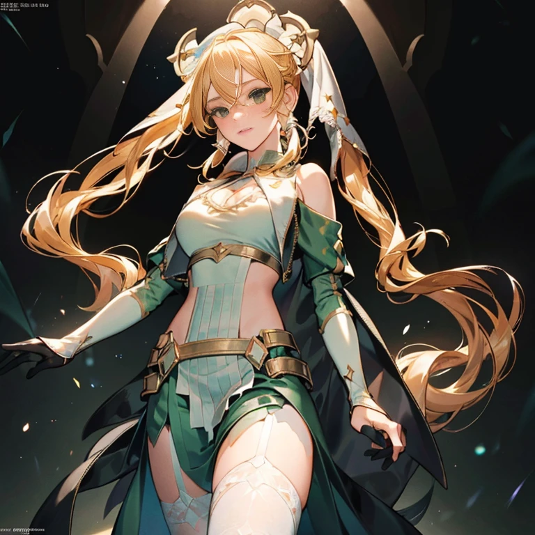 (Very good image quality), ((1 europian girl)), (in the center:1.4), cute girl, ************,  Emerald green hair, long twin tails hair, back braid, low braid, bangs covering one eye, white veil, beret, silver tiara, brown eyes,(medium breasts:1.3), black blindfold, (chain) (bracelet with chain), (leg rings with chains)(chain connected to the wall), fully extended arms, fully extended legs, magical girl, off-shoulder, Kimono over bikini,pleated skirt, spreading skirt, bikini that can be worn inside, lace fabric bikini, black bikini, garter belt, Thigh-high socks, exhaustion, blushing, sweatyumekawa,yumekawaii,pastel color,(wonderland garden:1.3),rainbow waterfall,dripping ink,imagination,(Castle:1.4),
