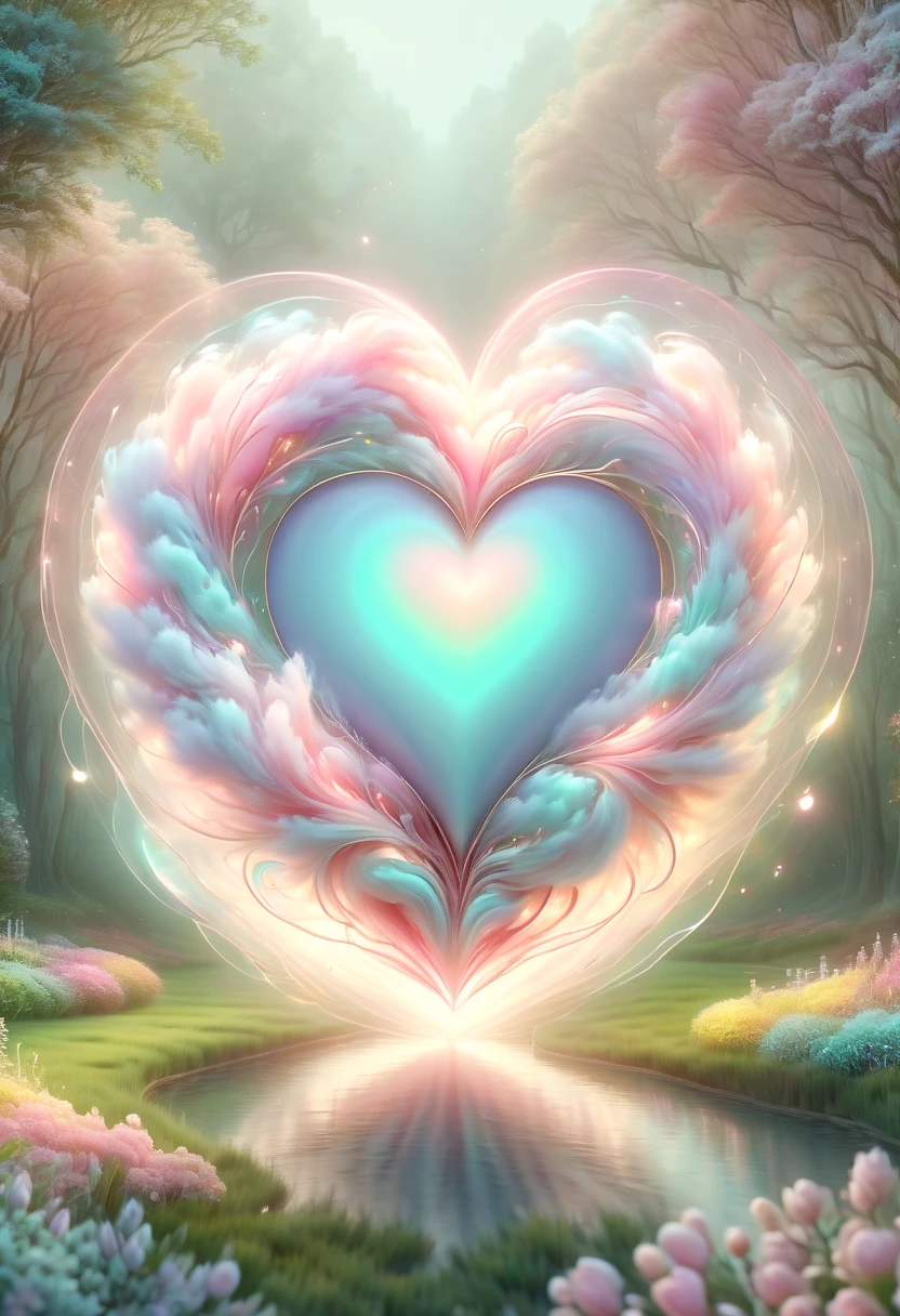 (pastel tones:1.5),Light style,cozy calm,nature,warm and comfortable,garden,hyper detailed masterpiece,dynamic,Amazing quality,Floating oversized ethereal pink heart