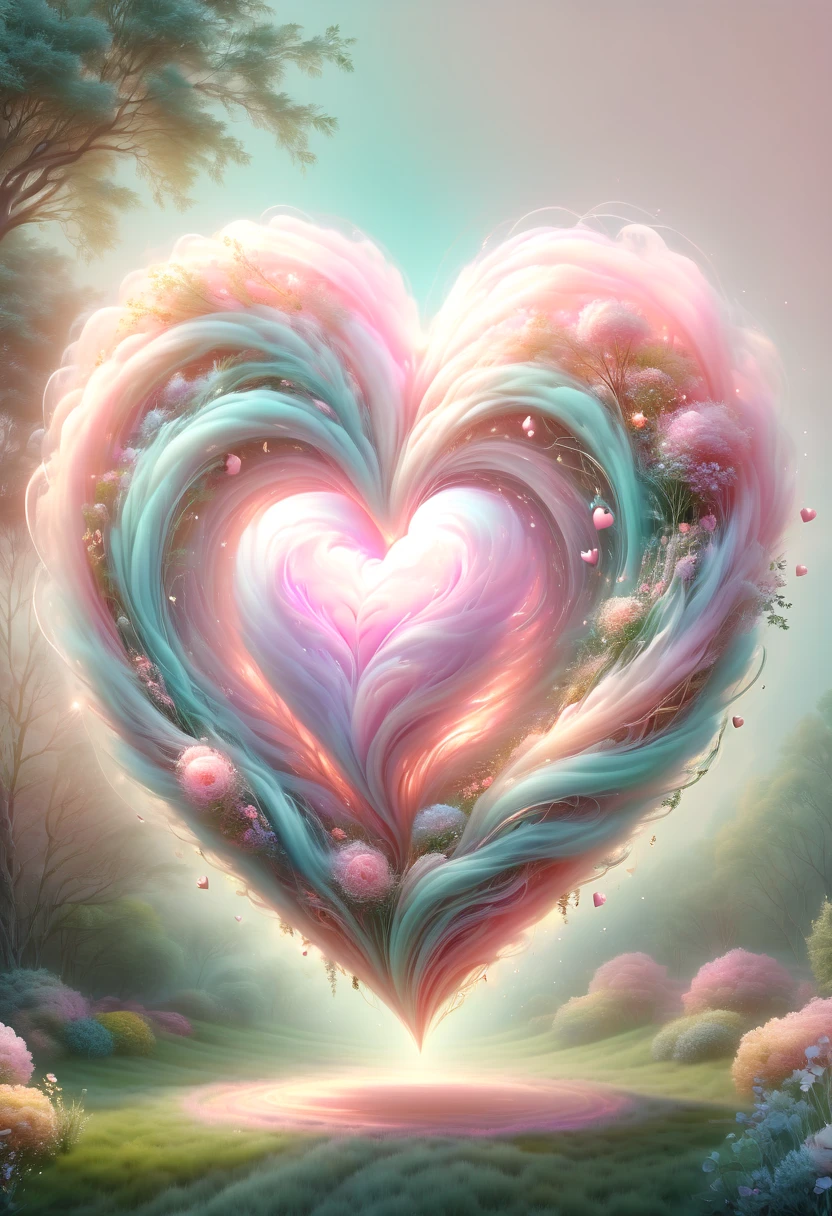 (pastel tones:1.5),Light style,cozy calm,nature,warm and comfortable,garden,hyper detailed masterpiece,dynamic,Amazing quality,Floating oversized ethereal pink heart