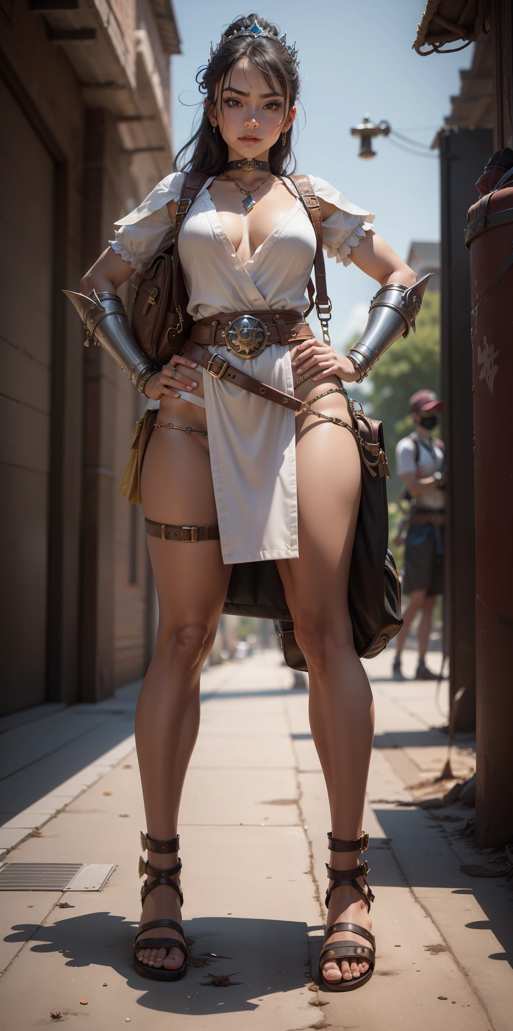 full body, whole body. 1solo (girl). slave fighter, loincloth standing, hands on hips full body, whole body. 1solo (girl). slave fighter, loincloth standing, hands on hips, metal sandals, backpack, choker, big belt, view from below, feet together, bracers, tiara
