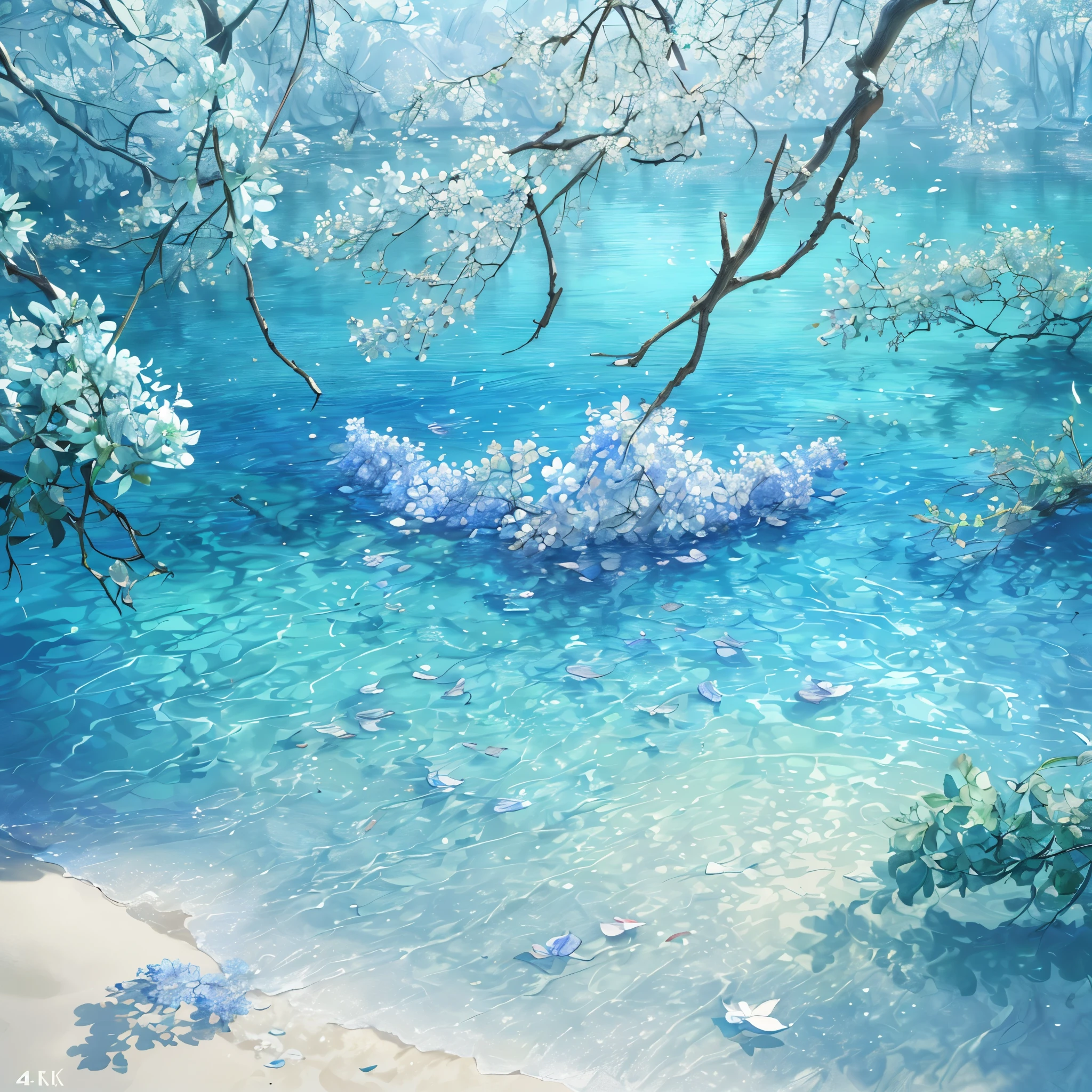 (best quality,4k,8k,highres,masterpiece:1.2), ultra-detailed, (photorealistic:1.37), (CG:1.1) (best quality) of a natural, blue sea with delicately colored tree leaves and flower petals falling in the air, light tracing, ultra-detailed, (best shadows) and (illustrations).