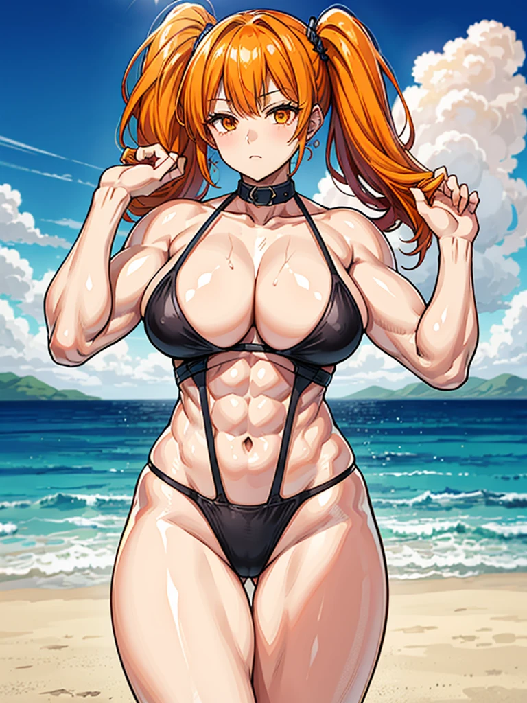 (((masterpiece、Highest image quality、highest quality、highly detailed unity 8kwallpaper)))、((Illustration of one girl))、(((beautiful girl)))、((orange hair、side ponytail、sidelocks:1.3、orange eyes))、(((stocky build:1.2, thickset physique:1.3, muscular legs, broad shoulders:1.3, solid chest:1.2)))、swimsuit、sandy beach
