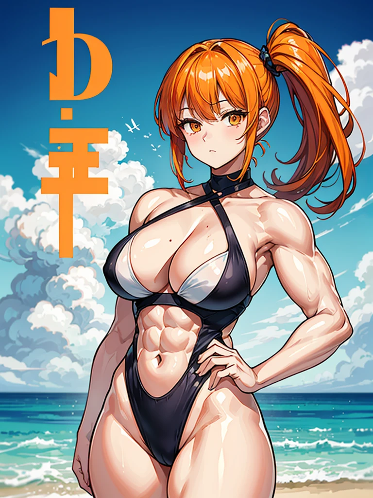 （（（masterpiece、Highest image quality、highest quality、highly detailed unity 8ｋwallpaper）））、（（Illustration of one girl））、（（（beautiful girl）））、（（orange hair、side ponytail、sidelocks：1.3、orange eyes））、（（（stocky build：1.2, thickset physique：1.3, muscular legs, broad shoulders：1.3, solid chest：1.2）））、swimsuit、sandy beach