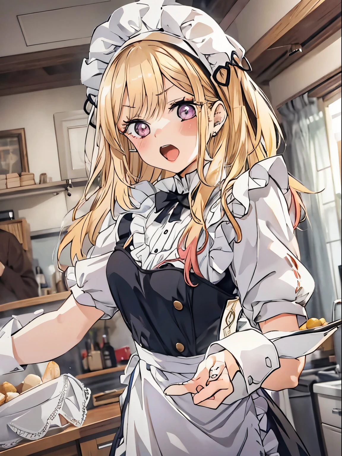 Marin Kitagawa,1girl, Beautiful eye,Beautiful face, Blond long hair,black and white dress is maid,Part-time job in a maid outfit,very surprised expression