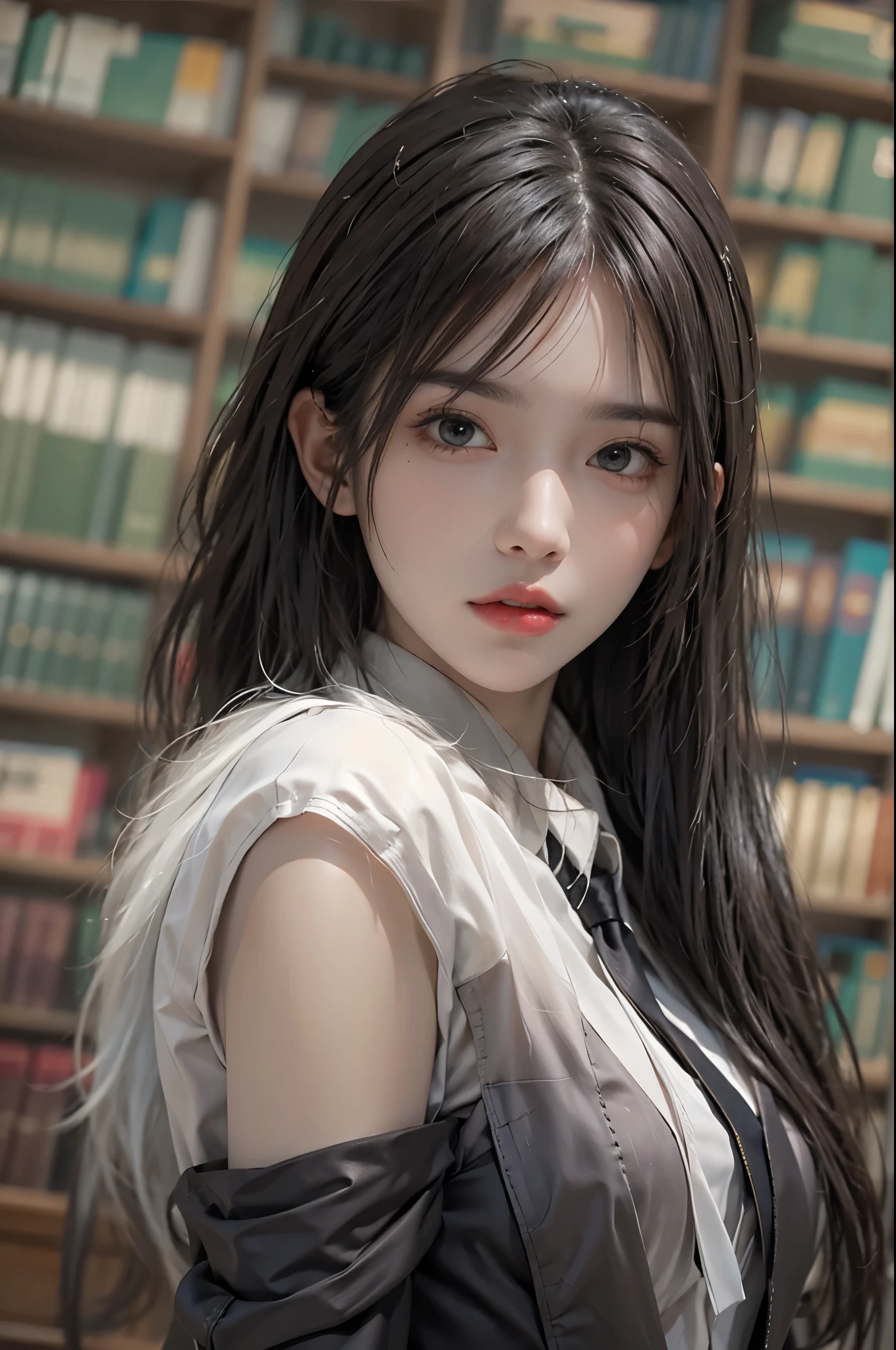 photorealistic, high resolution, 1 women, solo, hips_up, hips up, beautiful eyes, look at viewer, close lips, detailed face, white hair, long hair, collared shirt, black necktie,black skirt, pencil skirt, fur coat, stockings, library