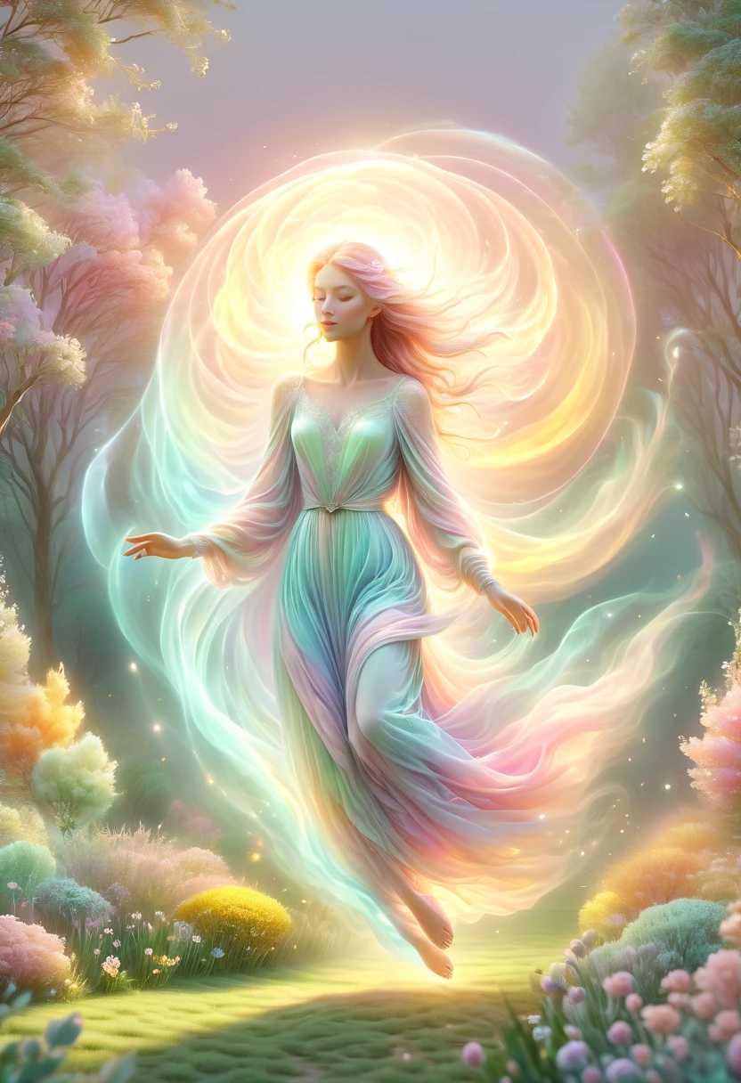 (pastel tones:1.5),Light style,cozy calm,nature,warm and comfortable,garden,hyper detailed masterpiece, dynamic, awesome quality,floating oversized ethereal light