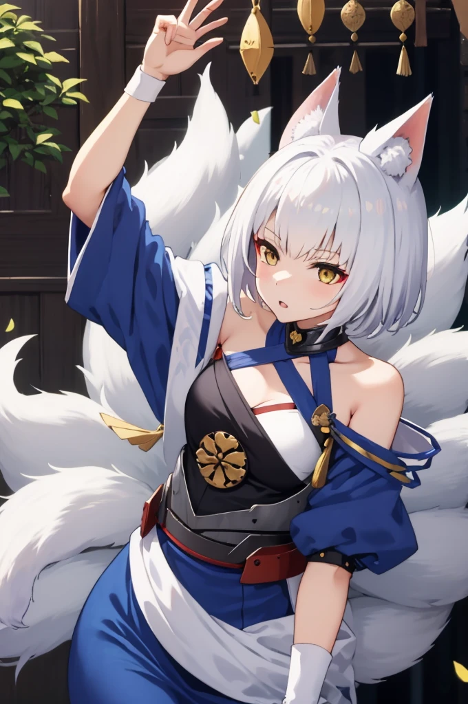 Azur Lane Kaga, 1 girl, i character, anime girl with white hair and blue dress, white - haired fox, white fox anime, fox nobushi, 9 tails, 9 fox tails, 9 white fox tails, white fox, vampire white fox, azur lane style, official character art, kemono, white cat girl, art of kirokaze pixel, ahri, onmyoji, characters from azur lane, cherry tree background, short hair, pensive face