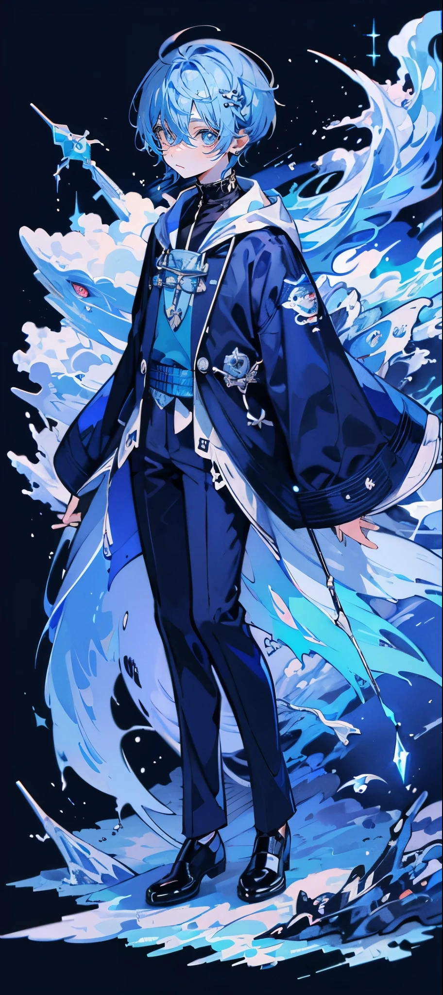 (muste piece), (best quality), very detailed, 1 boy, perfect face, (solo full body shot:1.3), very detailed顔，(Blue-haired shorthair:1.5)，(blue eyes:1.4)，(Ocean中:1.4)，Ocean，School of small fish，Light，bubble，jellyfish，Ocean藻，Red fish，Yellow fish，深Ocean，fantasy，Ocean底，(float:1.4)