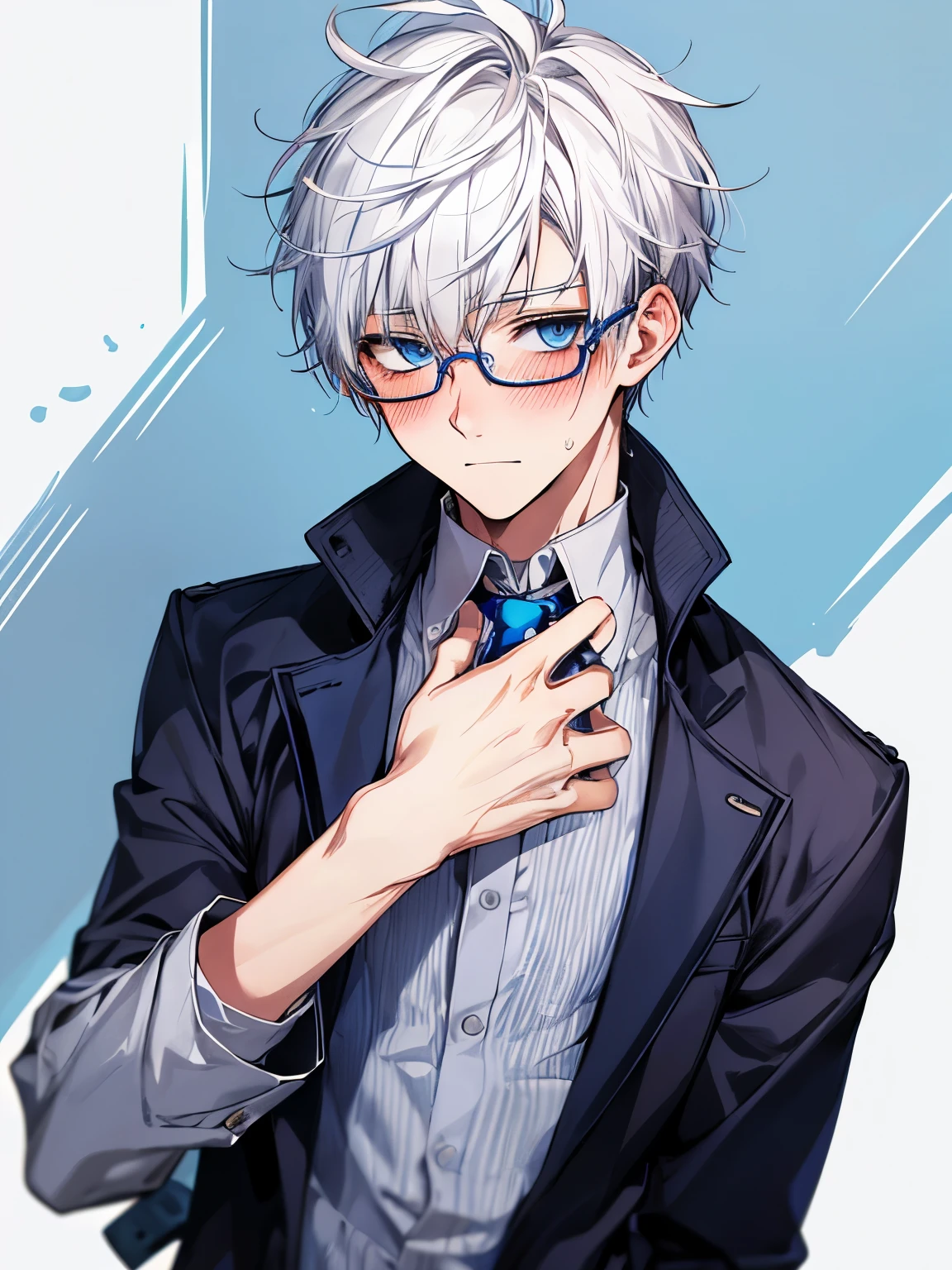 A male teenager with white hair and blue eyes, glasses, blushing 