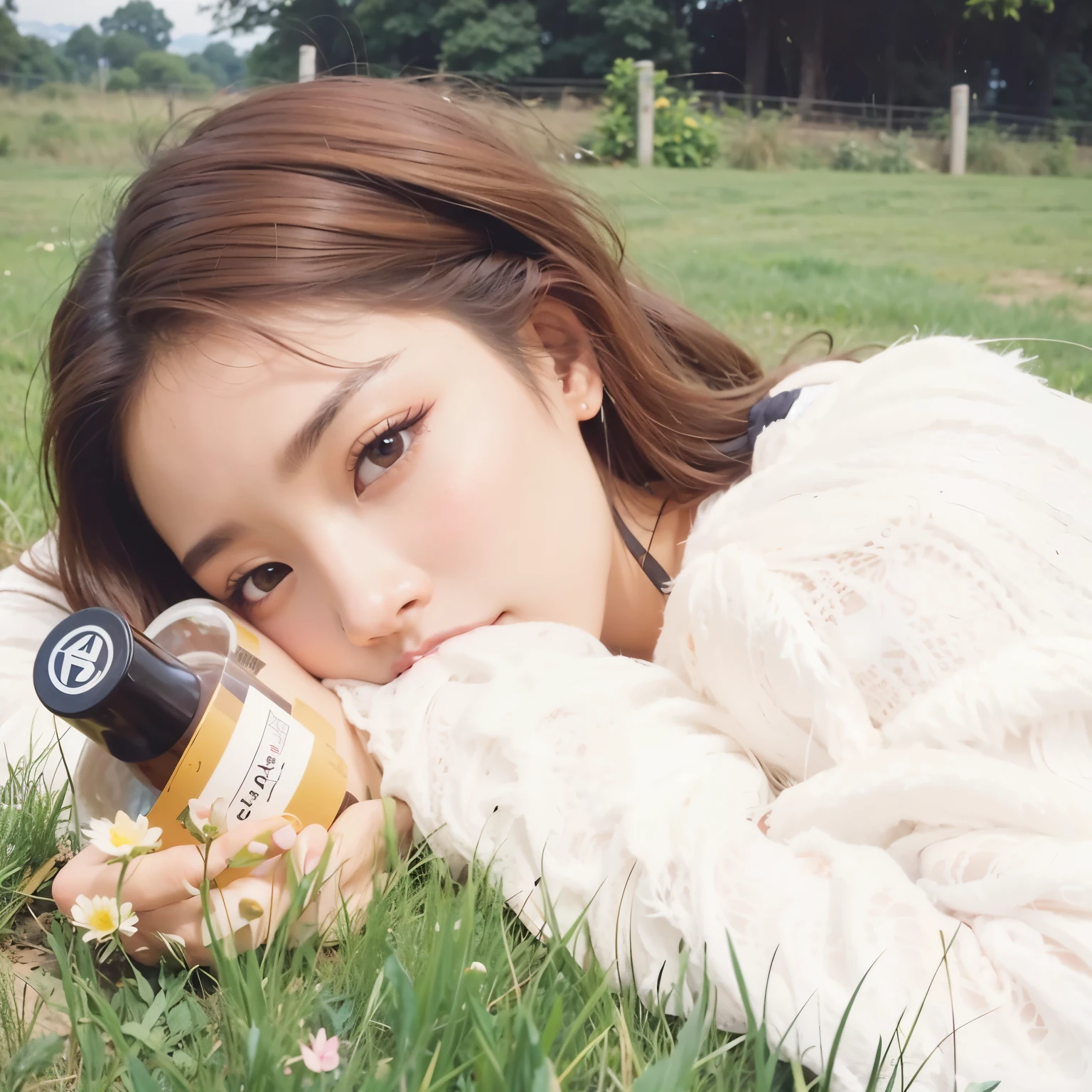 hay una mujer tirada en el pasto con una botella de vino, jennie rosa ?????, parque roseanne de blackpink, jossi de blackpink, de mi parte, foto de revista, sol yunjoo, sha xi, lee ji - eun, lee ji-eun, Jinyoung Shin, caramelo, gemma chen, Jisoo de Blackpink, park de mi parte, heonhwa choe