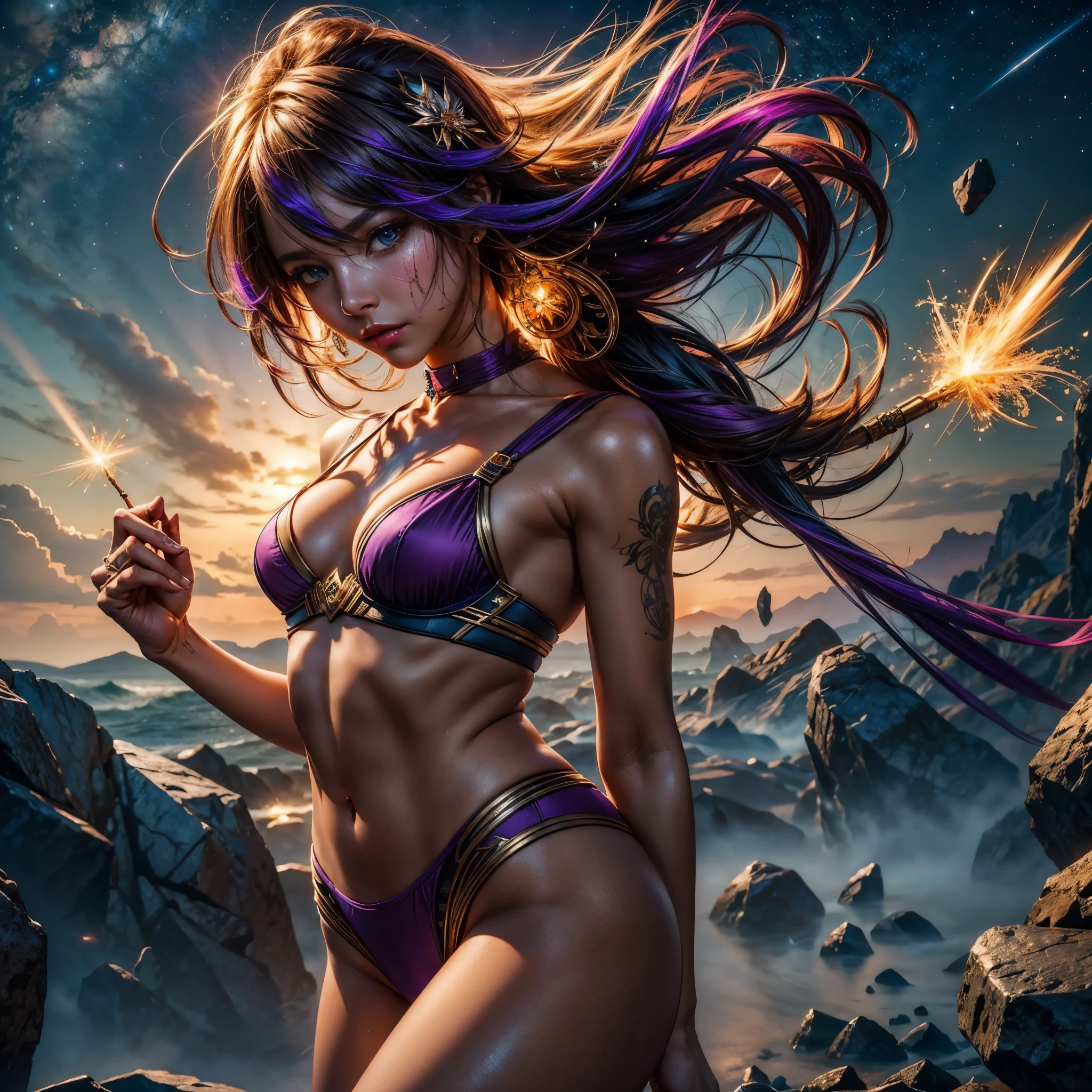 epic Nebulae stunning nebula vibrant hues ethereal interstellar sparks curiosity birth evolution stars Sun hyper starry_sky spacious SunShine panoramic sunset ultra sunrise ((Cinematic light, Best quality, Masterpiece :1.3)), 1girl, Beautiful woman with thin abs :1.4, (purple hair, small breasts :1.3), rope panties, bra :1.2, hopefully falling, seductive open lips, urban, ultra-detailed face, detailed eyes, double eyelidwork, best quality, Neeko, hair ornaments, hair flower, body paint, calango tail, trying to be sexy,((golden outfits fashion suit)), showing sweaty armpits, steamy, sexual teasing, ((standing split)), fight position, hands shining purple, see-through bikini, deep path Equirectangular_360 street UnrealEngine5 Ultra Masterpiece Cinematic_sunlight ultra Pro_Photo-realistic optimal ultra_high-quality opengl-shaders ultra_high-details accurate reflex ultra_high-resolution perfection volumetric lightning improved Octane_rendues ultra_high-definition UHD XT3 DSLR HDR 3dcg shadow analogiques extatiques symmetrical dazzling Will-o'-the-wisp global luminescence plasma hearth incandescente reflection varied multi etc. --v 6 --s 1000 --c 20 --q 20 --chaos 100