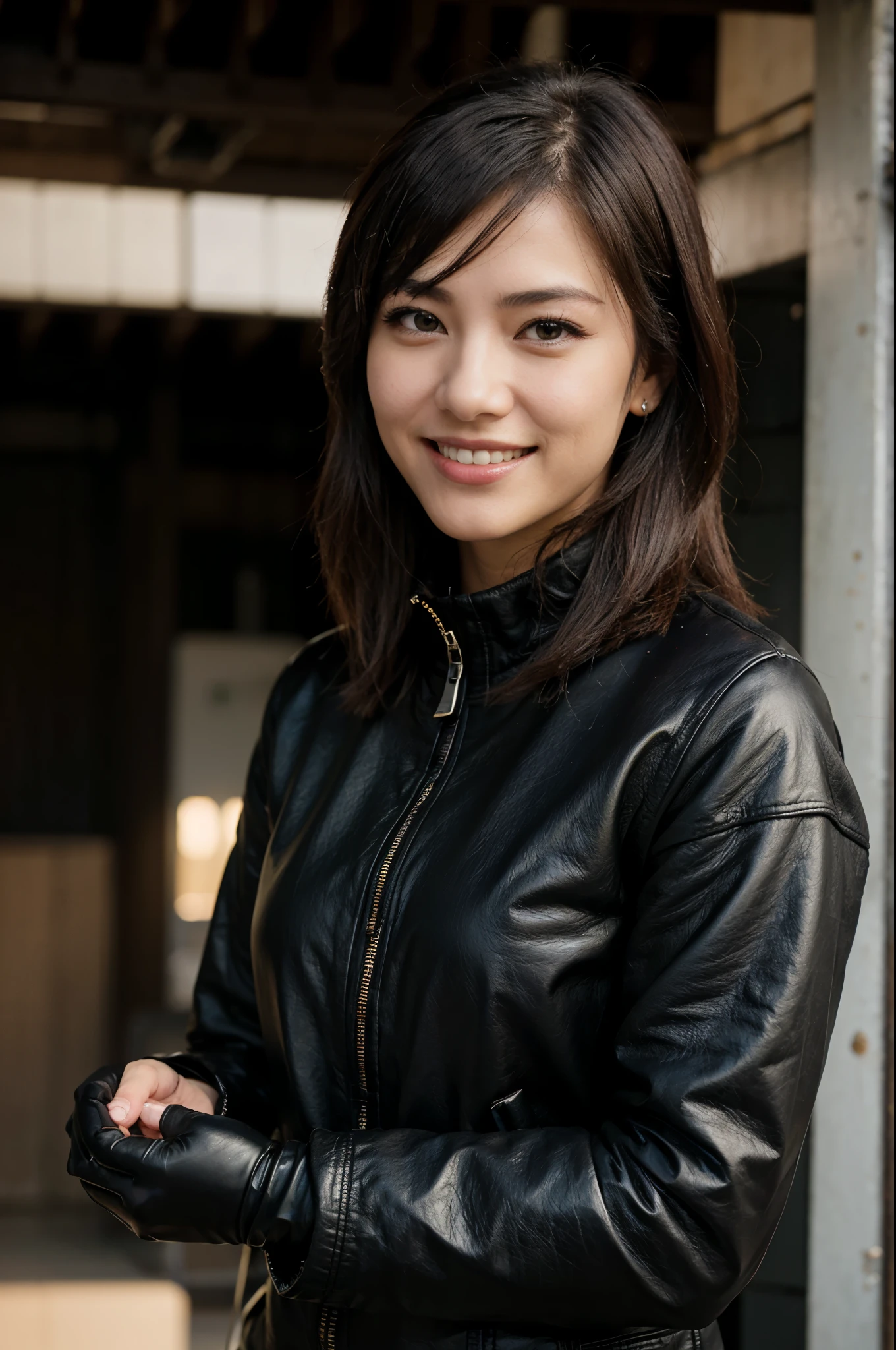 Point the microphone you hold in black leather gloves at you.、Japan female announcer smiling in suit