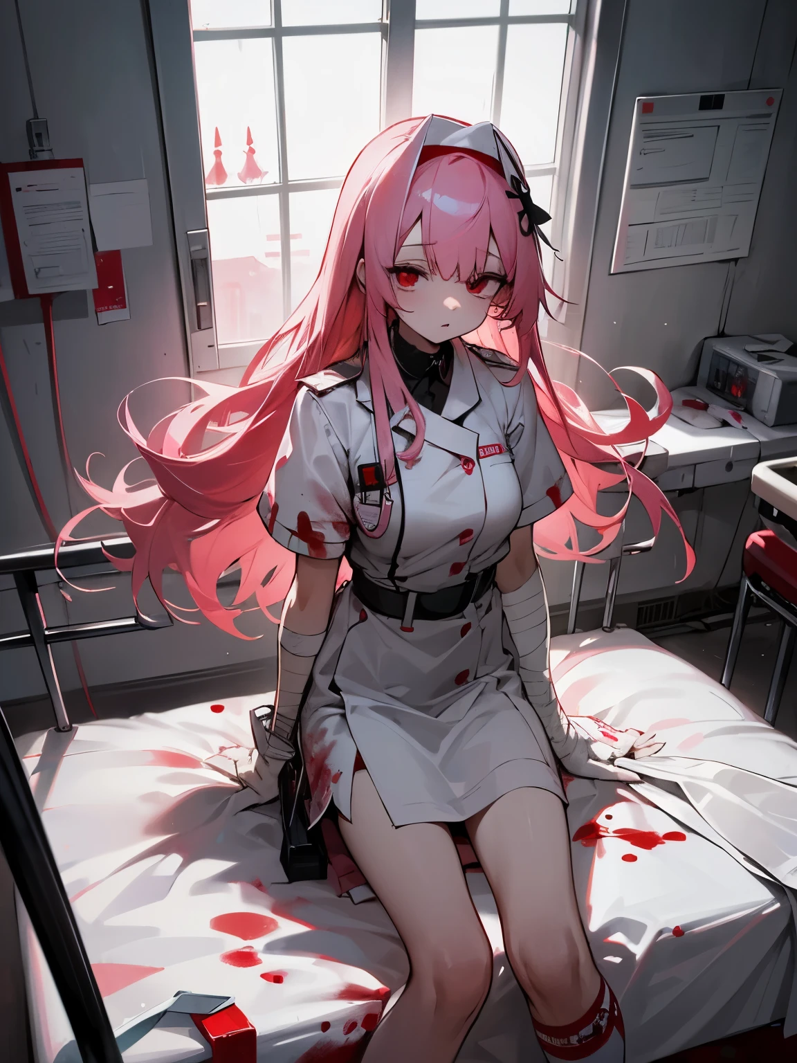 Blood droplets、blood、Internal organs、hospital、White and black nurse uniform、Bandages on both arms、Bandage on the leg、have a knife、cadaver、impatient face、be bothered、panic、hospitalの中、hospital room、desolation、window、pink hair、red eyes、long hair