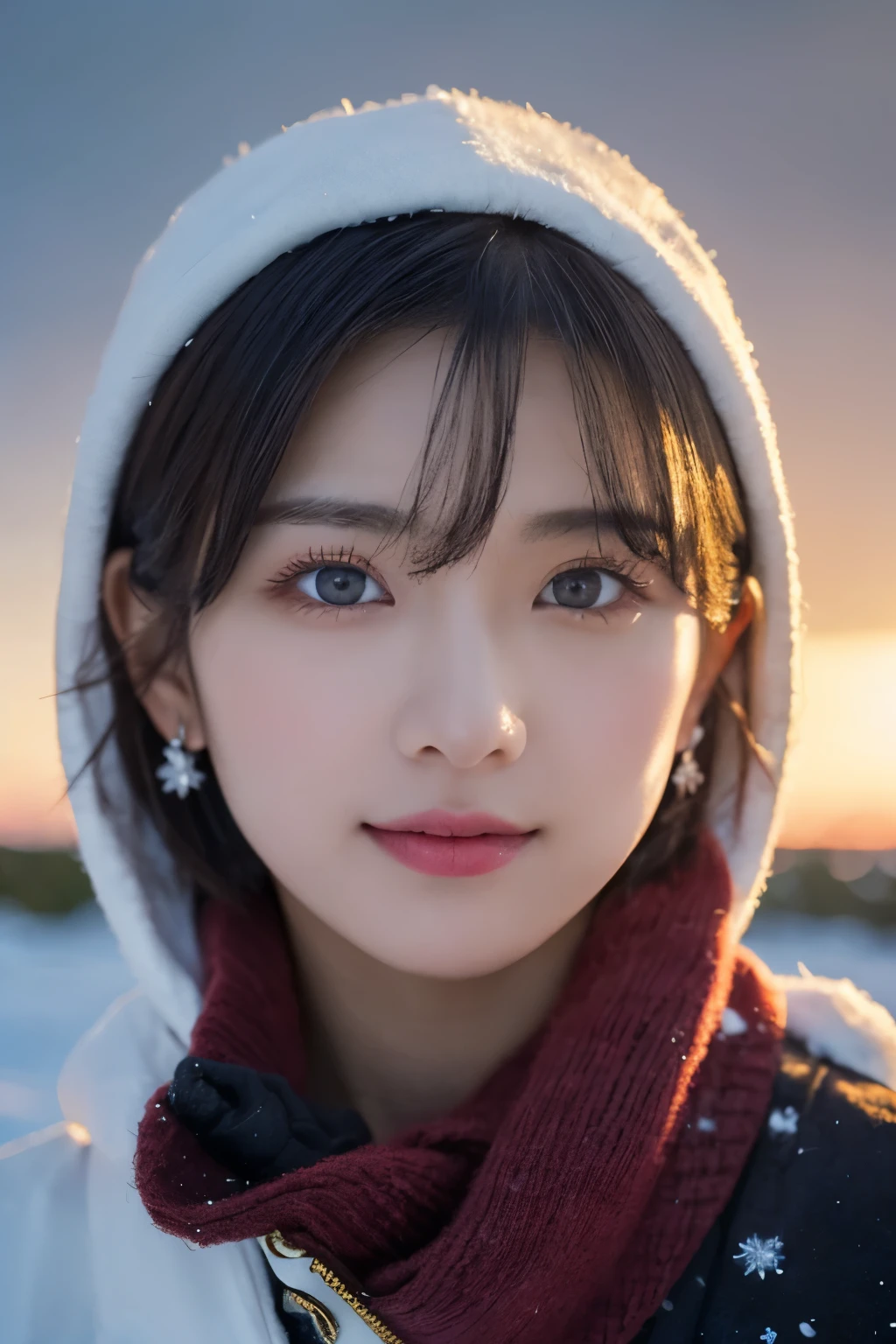 1 girl, (White winter clothes:1.2), beautiful japanese actress, 
photogenic, Yukihime, long eyelashes, snowflake earrings,
(Raw photo, best quality), (Reality, photorealistic:1.4), (muste piece), 
beautiful detailed eyes, beautiful detailed lips, highly detailed eyes and face, 
BREAK is
(Frozen snow field in winter Lapland), 
(The darkness has fallen、A trace of deep vermilion remains on the horizon.:1.4), 
Snowy field landscape at dusk, snow covered tree々, Blizzard, 
Indigo and dark vermilion color scheme, dramatic writing, A desolate landscape, 
BREAK is 
Perfect Anatomy, whole body slender, small breasts, (short hair:1.3), angel&#39;s smile, 
crystal-like skin, make eyes clear, catch light