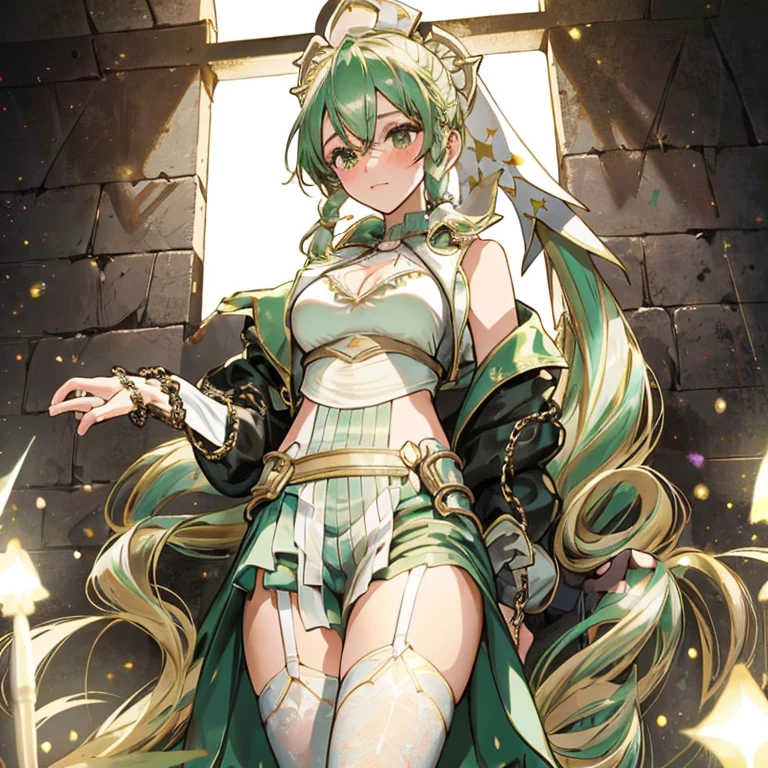 (Very good image quality), ((1 europian girl)), (in the center:1.4), cute girl, 16 years old, Emerald green hair, long twin tails hair, back braid, low braid, bangs covering one eye, white veil, beret, silver tiara, brown eyes,(medium breasts:1.3), black blindfold, (chain) (bracelet with chain), (leg rings with chains)(chain connected to the wall), fully extended arms, fully extended legs, magical girl, off-shoulder, Kimono over bikini,pleated skirt, spreading skirt, bikini that can be worn inside, lace fabric bikini, black bikini, garter belt, Thigh-high socks, exhaustion, blushing, sweatyumekawa,yumekawaii,pastel color,(wonderland garden:1.3),rainbow waterfall,dripping ink,imagination,(Castle:1.4),