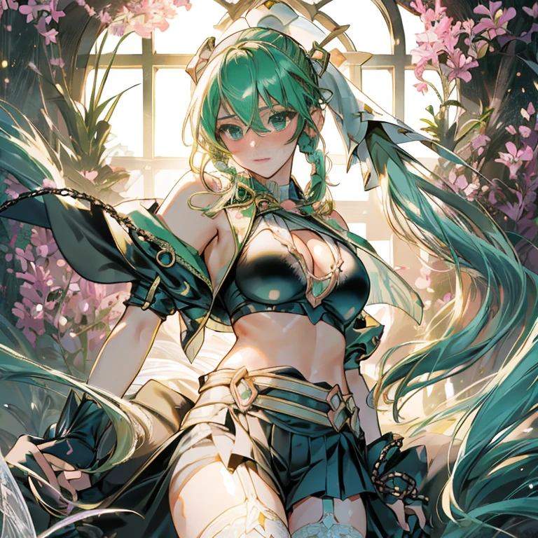 (Very good image quality), ((1 europian girl)), (in the center:1.4), cute girl, ************,  Emerald green hair, long twin tails hair, back braid, low braid, bangs covering one eye, white veil, beret, silver tiara, brown eyes,(medium breasts:1.3), black blindfold, (chain) (bracelet with chain), (leg rings with chains)(chain connected to the wall), fully extended arms, fully extended legs, magical girl, off-shoulder, Kimono over bikini,pleated skirt, spreading skirt, bikini that can be worn inside, lace fabric bikini, black bikini, garter belt, Thigh-high socks, exhaustion, blushing, sweatyumekawa,yumekawaii,pastel color,(wonderland garden:1.3),rainbow waterfall,dripping ink,imagination,(Castle:1.4),
