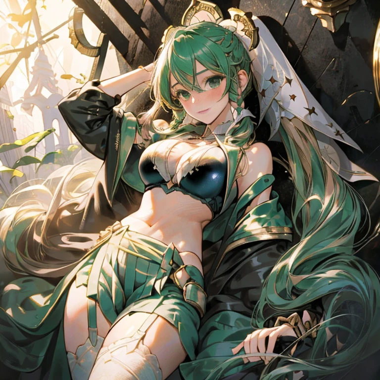 (Very good image quality), ((1 europian girl)), (in the center:1.4), cute girl, , Emerald green hair, long twin tails hair, back braid, low braid, bangs covering one eye, white veil, beret, silver tiara, brown eyes,(medium breasts:1.3), black blindfold, (chain) (bracelet with chain), (leg rings with chains)(chain connected to the wall), fully extended arms, fully extended legs, magical girl, off-shoulder, Kimono over bikini,pleated skirt, spreading skirt, bikini that can be worn inside, lace fabric bikini, black bikini, garter belt, Thigh-high socks, exhaustion, blushing, sweatyumekawa,yumekawaii,pastel color,(wonderland garden:1.3),rainbow waterfall,dripping ink,imagination,(Castle:1.4),