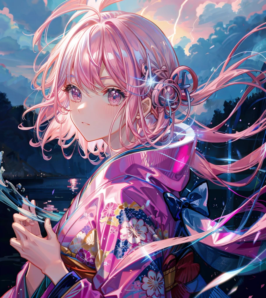 Kimono, pink hair, dramatic lightning, best quality, HD,