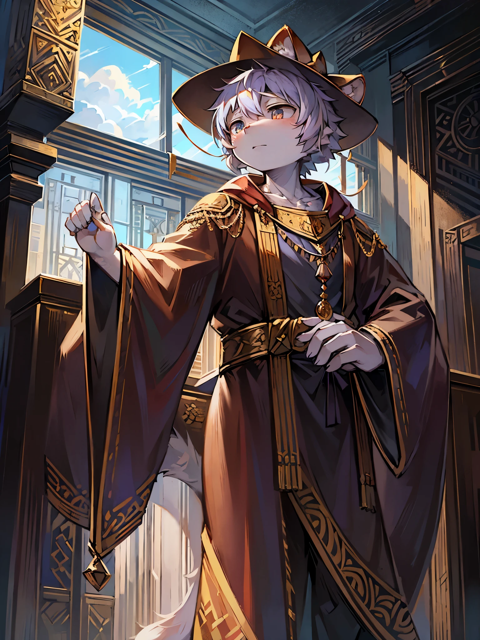 one tiger,pattern,Inside the courtroom,standing in a temple,Hand holding amulet,Ornate robe,flowing robe,Sky,dark clouds,window,one person,Round ears,pupils,Cute Shota,Serious expression,emperor's hat,窗外的dark clouds,trekking poles,Long tail