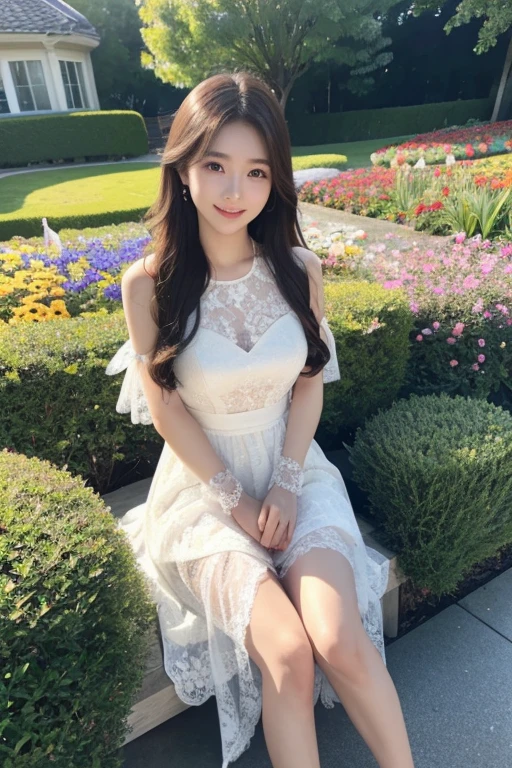 Ulsan-6500-V1.1、Extremely detailed、High definition、Raw color photo、wide shot、1 young woman、Kpop Girl、high detail skin、soft light from above、vivid colors、shiny white skin、wonderful face and eyes、Light makeup、Smile、A long lace dress as thin as a feather、long legs、flower garden、