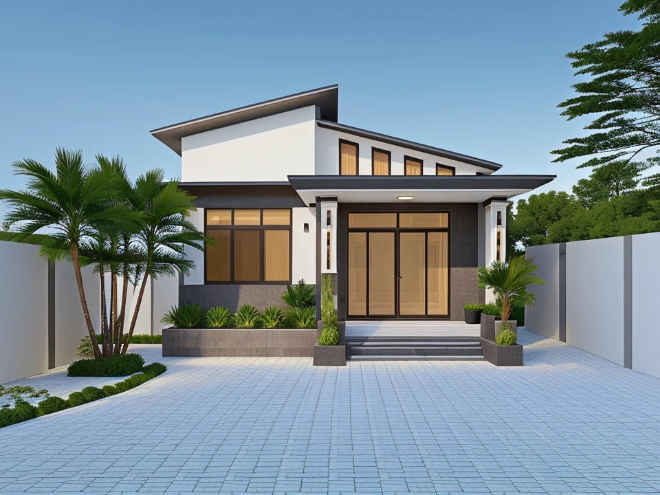 Realistic images, extremely detailed, a modern house,(((1 road in font of house))), large yard made by ceramic, (1 car), brick fence, lawn, a few small flowers, a road in front of the house, main materials of the house are white walls and red brick, Modern design, clear blue sky, sunrise light, light from inside, dynamic light,shimering light, cinematic light, romantic feeling, (((day light, warm light)))