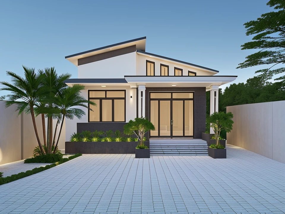 Realistic images, extremely detailed, a modern house,(((1 road in font of house))), large yard made by ceramic, (1 car), brick fence, lawn, a few small flowers, a road in front of the house, main materials of the house are white walls and red brick, Modern design, clear blue sky, sunrise light, light from inside, dynamic light,shimering light, cinematic light, romantic feeling, (((day light, warm light)))