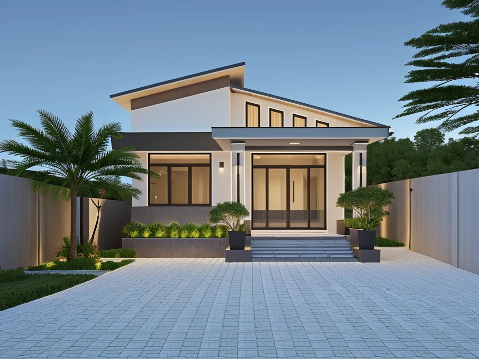 Realistic images, extremely detailed, a modern house,(((1 road in font of house))), large yard made by ceramic, (1 car), brick fence, lawn, a few small flowers, a road in front of the house, main materials of the house are white walls and red brick, Modern design, clear blue sky, sunrise light, light from inside, dynamic light,shimering light, cinematic light, romantic feeling, (((day light, warm light)))