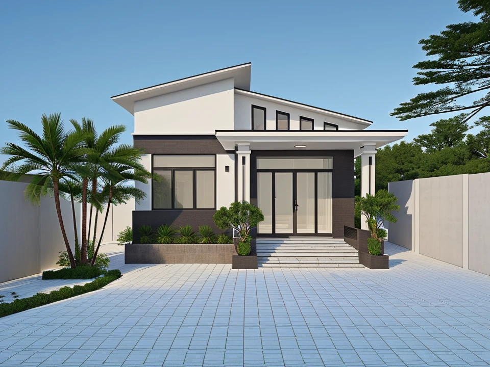 Realistic images, extremely detailed, a modern house,(((1 road in font of house))), large yard made by ceramic, (1 car), brick fence, lawn, a few small flowers, a road in front of the house, main materials of the house are white walls and red brick, Modern design, clear blue sky, sunrise light, light from inside, dynamic light,shimering light, cinematic light, romantic feeling, (((day light, warm light)))