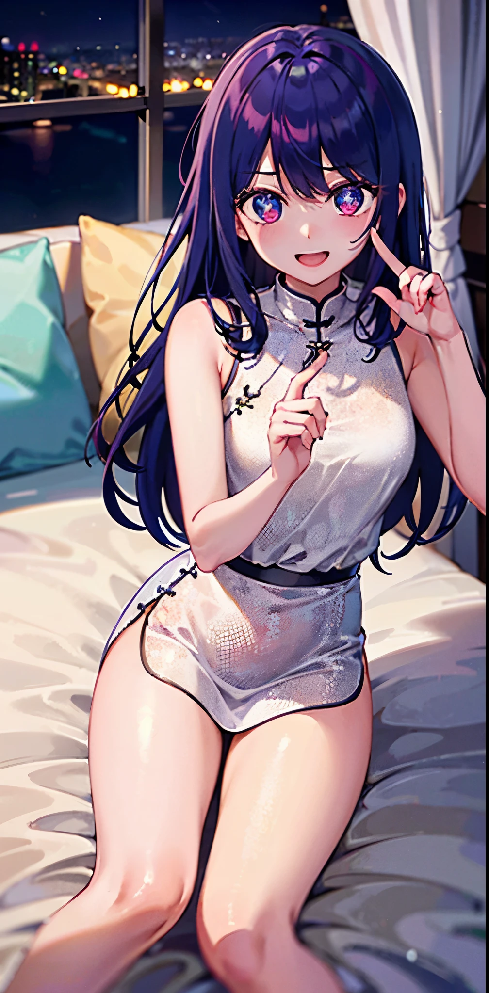 1 girl,((There is a five-pointed star in the eye))long purple gorgeous hair,smile,open your mouth,China dress,night,on the bed、spread legs