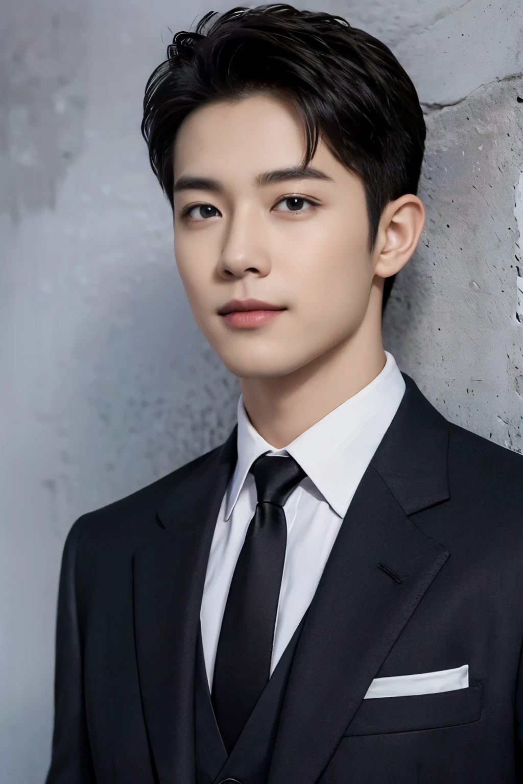 30 year old Vietnamese man、TV presenter. ((最high quality、masterpiece、photo-realistic:1.4、In 8K))、well-groomed face、Eye and face details、beautiful lighting、(Wear a black suit:1.3)、rough skin、Super detailed、high detail、high quality、High resolution、(looking at the viewer)、detailed mouth、smile.Concrete wall background
