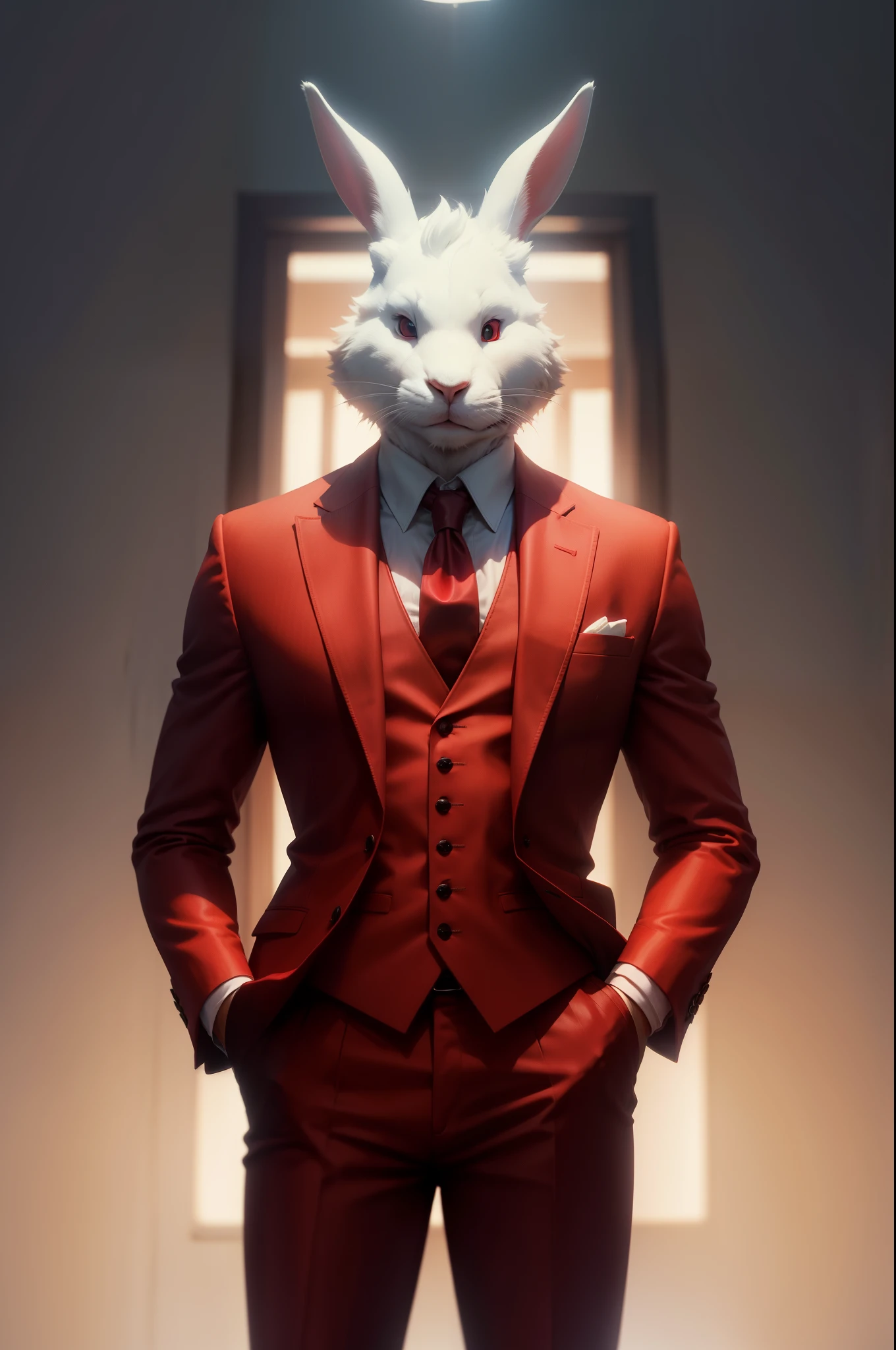 photorealistic movie still of a white rabbit, humanoid, furry, frontal view, standing, red suit, red business suit, red gentleman's suit, movie godfather style, noir, cinematic lighting.