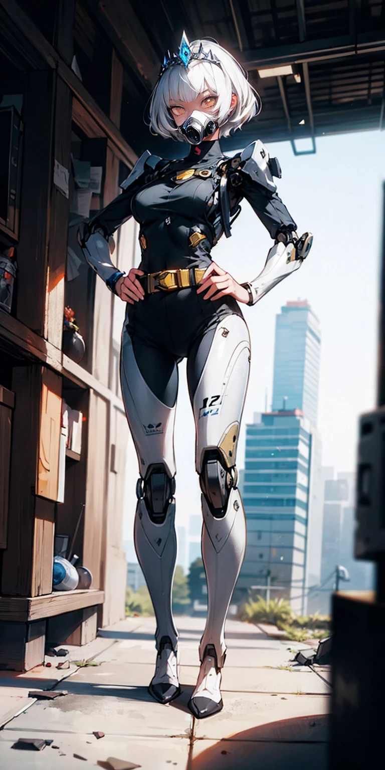 (masterpiece:1.2,high quality), 1girl, ((ultra realistic details)), global illumination, shadows, Unreal Engine, octane render, 8k, ultra sharp, metal, intricate, ornaments detailed, highly intricate details, yellow eyes, (mechanical body:1.2), white hair, (black gas mask), Gear, bob cut, hundreds of wires, Terran, (Robot, android:1.15), Apocalypse, broken buildings, full body, whole body. 1solo (girl). standing, hands on hips full body, whole body. choker, big belt, view from below, feet together, bracers, tiara