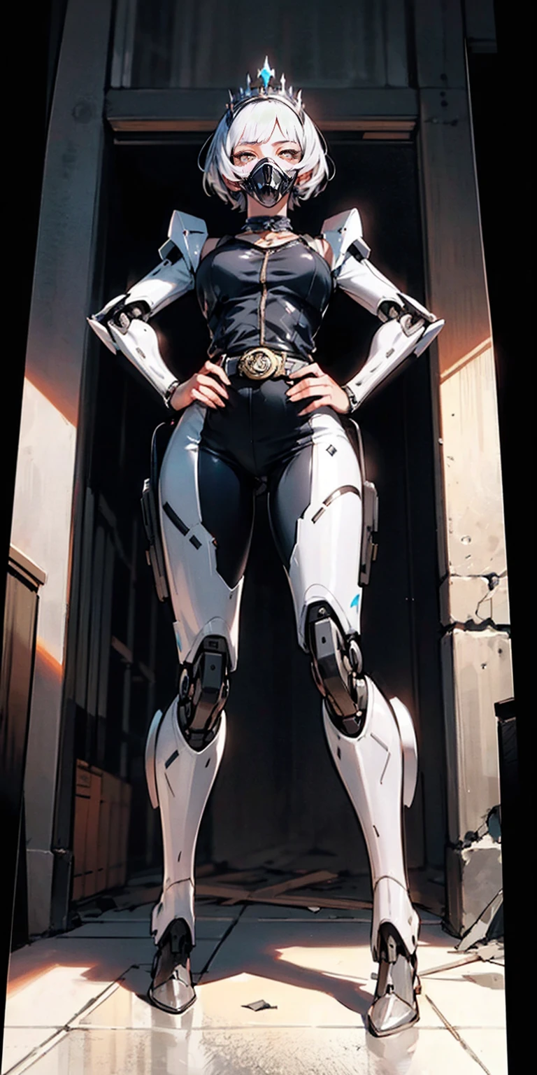 (masterpiece:1.2,high quality), 1girl, ((ultra realistic details)), global illumination, shadows, Unreal Engine, octane render, 8k, ultra sharp, metal, intricate, ornaments detailed, highly intricate details, yellow eyes, (mechanical body:1.2), white hair, (black gas mask), Gear, bob cut, hundreds of wires, Terran, (Robot, android:1.15), Apocalypse, broken buildings, full body, whole body. 1solo (girl). standing, hands on hips full body, whole body. choker, big belt, view from below, feet together, bracers, tiara