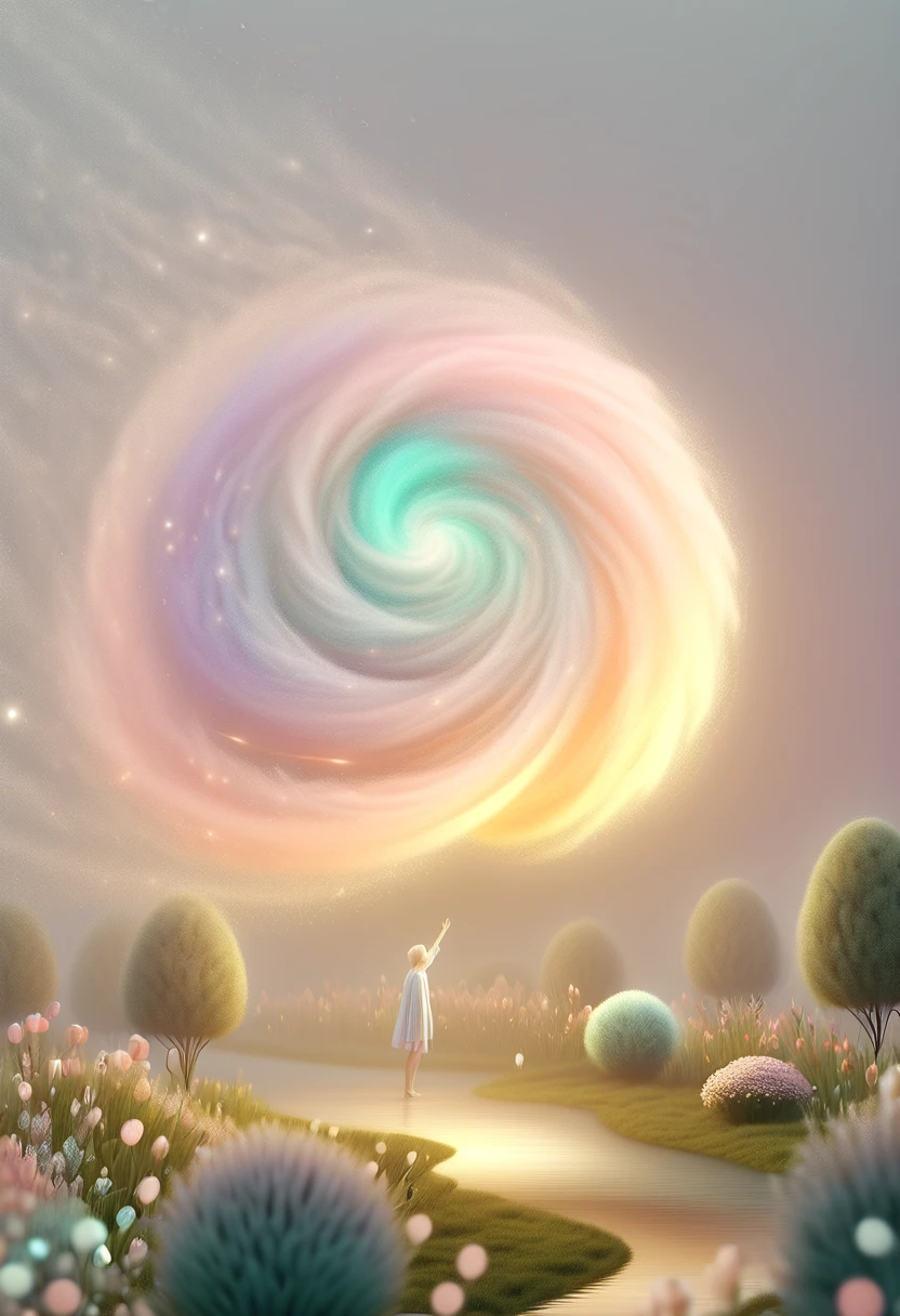 (pastel tones:1.5),Light style,cozy calm,nature,warm and comfortable,garden,hyper detailed masterpiece, dynamic, awesome quality,floating oversized ethereal light