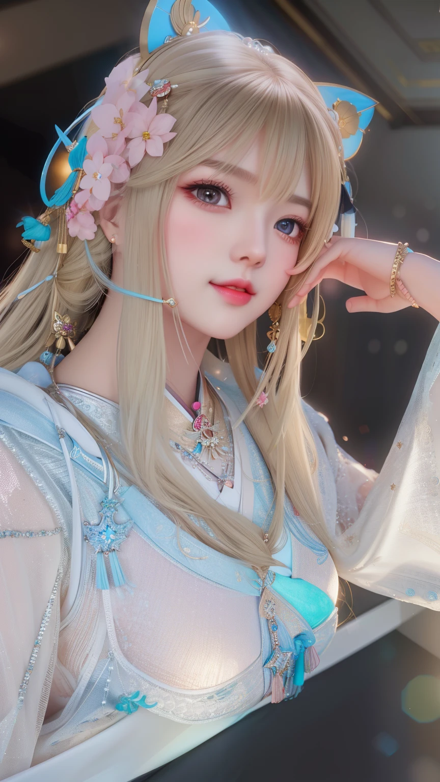 best quality, masterpiece, highres, 1girl,blush,(seductive smile:0.8),star-shaped pupils,sexy china hanfu, princess, very luxury, hair ornament,necklace, jewelry,Beautiful face,upon_body, tyndall effect,photorealistic, dark studio, rim lighting, two tone lighting,(high detailed skin:1.2), 8k uhd, dslr, soft lighting, high quality, volumetric lighting, candid, Photograph, high resolution, 4k, 8k, Bokeh