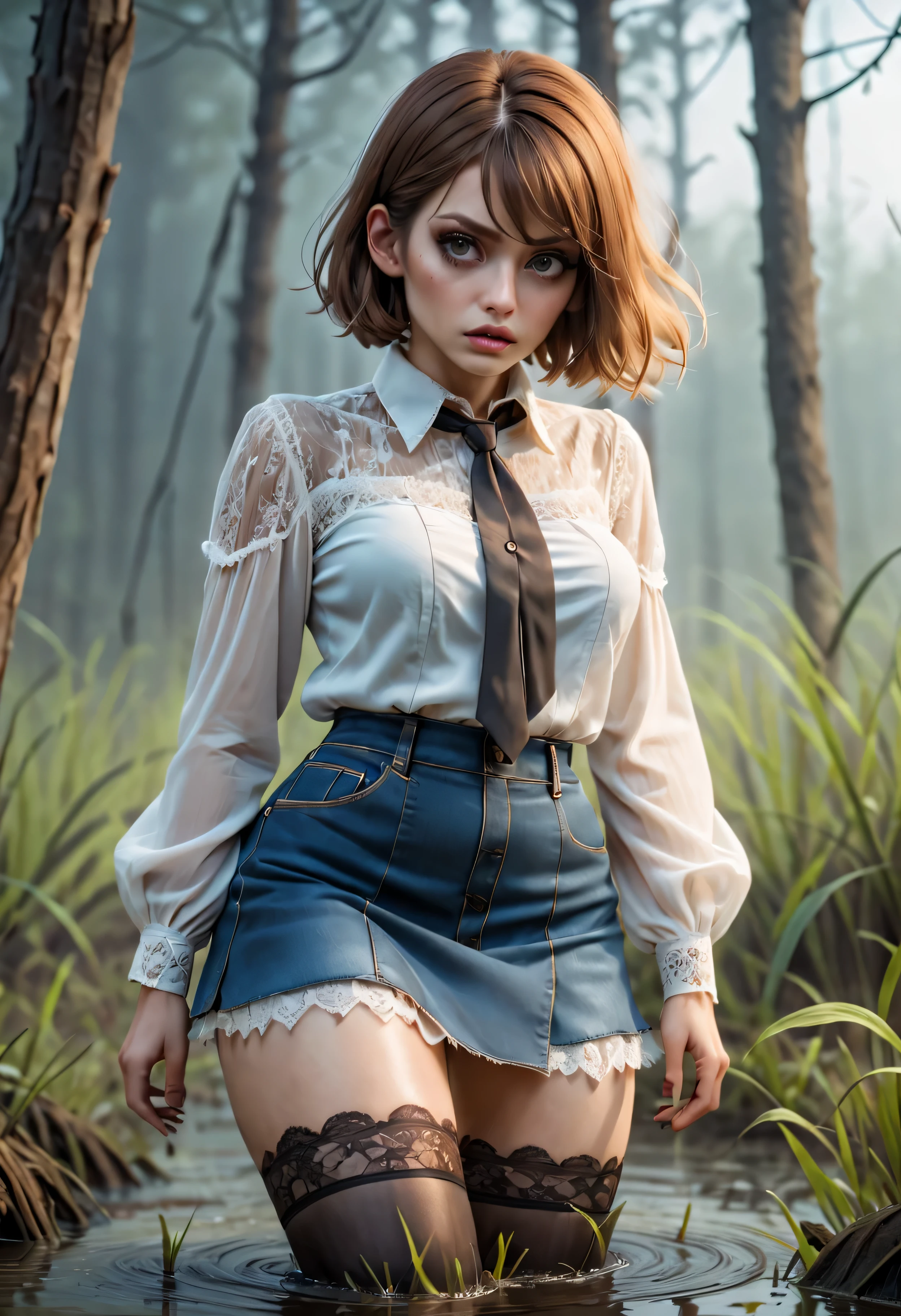 (Best Quality,hight resolution:1.2),The gorgeous hot mature woman,Bob haircut,denim skirt,lace blouse,dark lace stockings with garters, ( drowning in a swamp:1.1),Detailed eyes and face,dramatic lighting,ominous vibe,sexy desperation, [Psychological thriller],sexual ecstasy,sexual tension