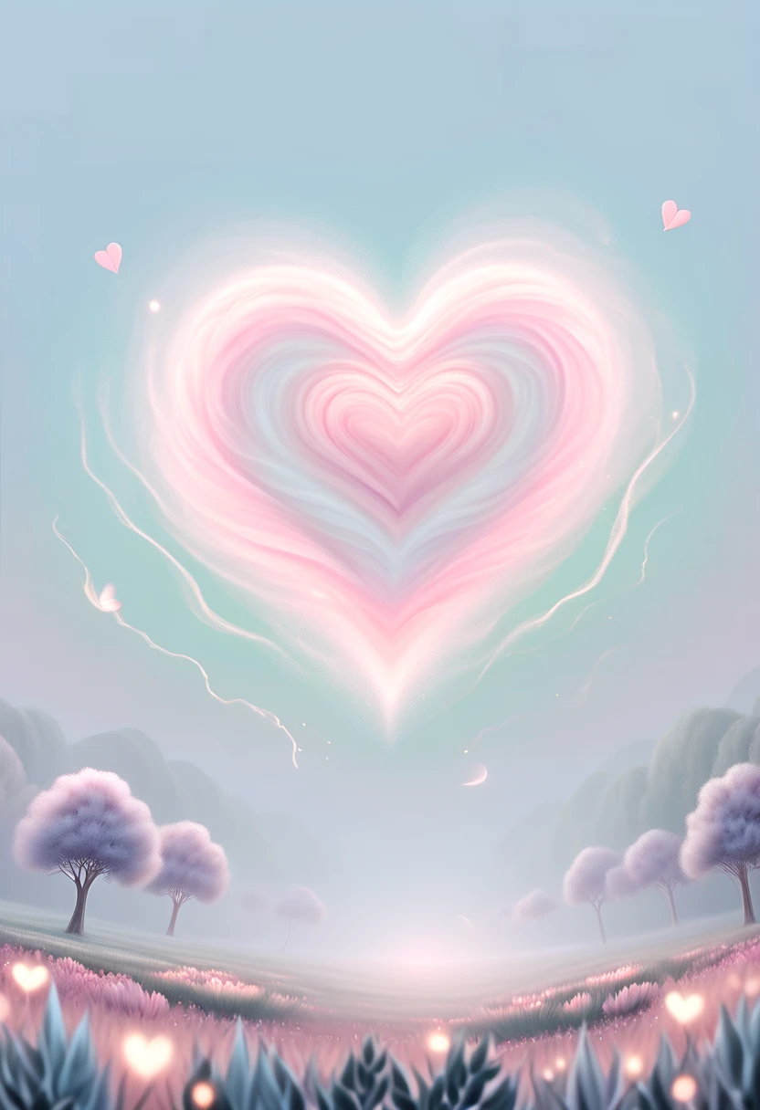 (pastel tones:1.5)，Light style，cozy calm，nature，warm and comfortable，garden，hyper detailed masterpiece，dynamic，Amazing quality，Floating oversized ethereal pink heart 