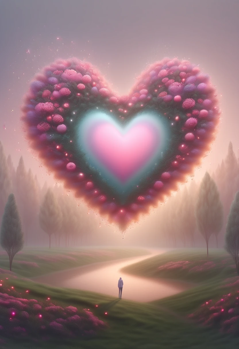 (pastel tones:1.5),Light style,cozy calm,nature,warm and comfortable,garden,hyper detailed masterpiece,dynamic,Amazing quality,Floating oversized ethereal pink heart