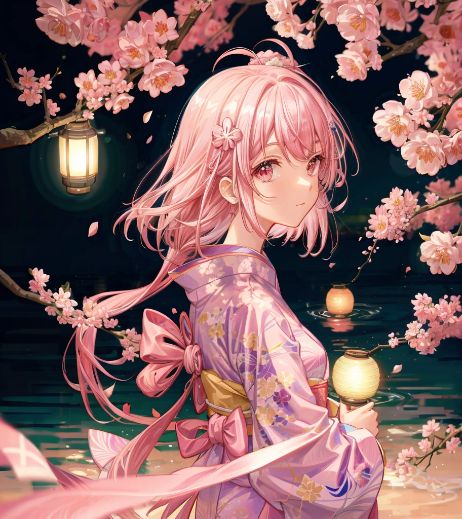 Kimono, pink hair, soft, best quality, HD, sakura, lantern,