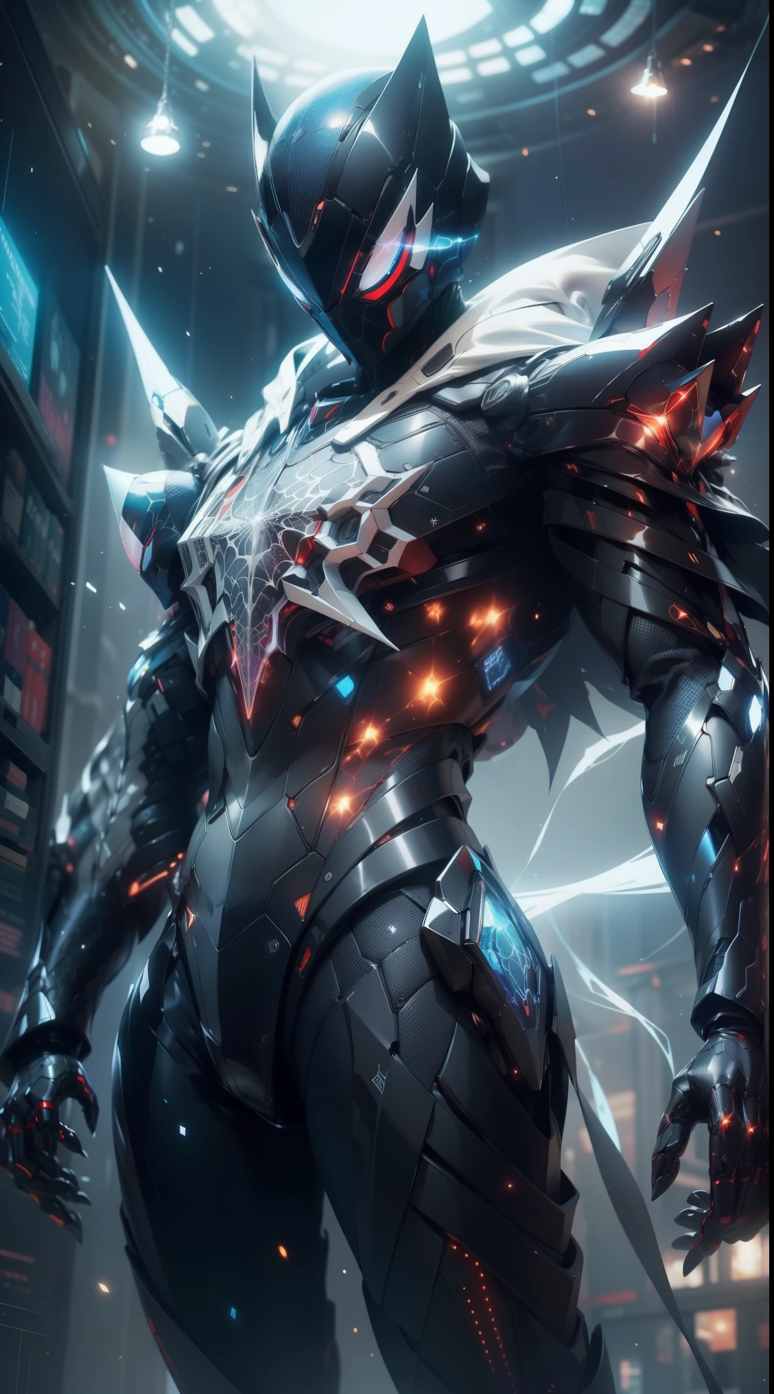 This suit is made from nanotechnology-changing fabric., With a chrome chandelier on the chest and constellation details on the sleeves and legs.. It has a removable cloak that looks like spaceship wings. , ((holographic hacker hat),which projects a cosmic mask onto Spider-Man&#39;s face... This suit allows you to breathe in space and adapt to the alien environment., Combining cosmic style with outstanding functionality..