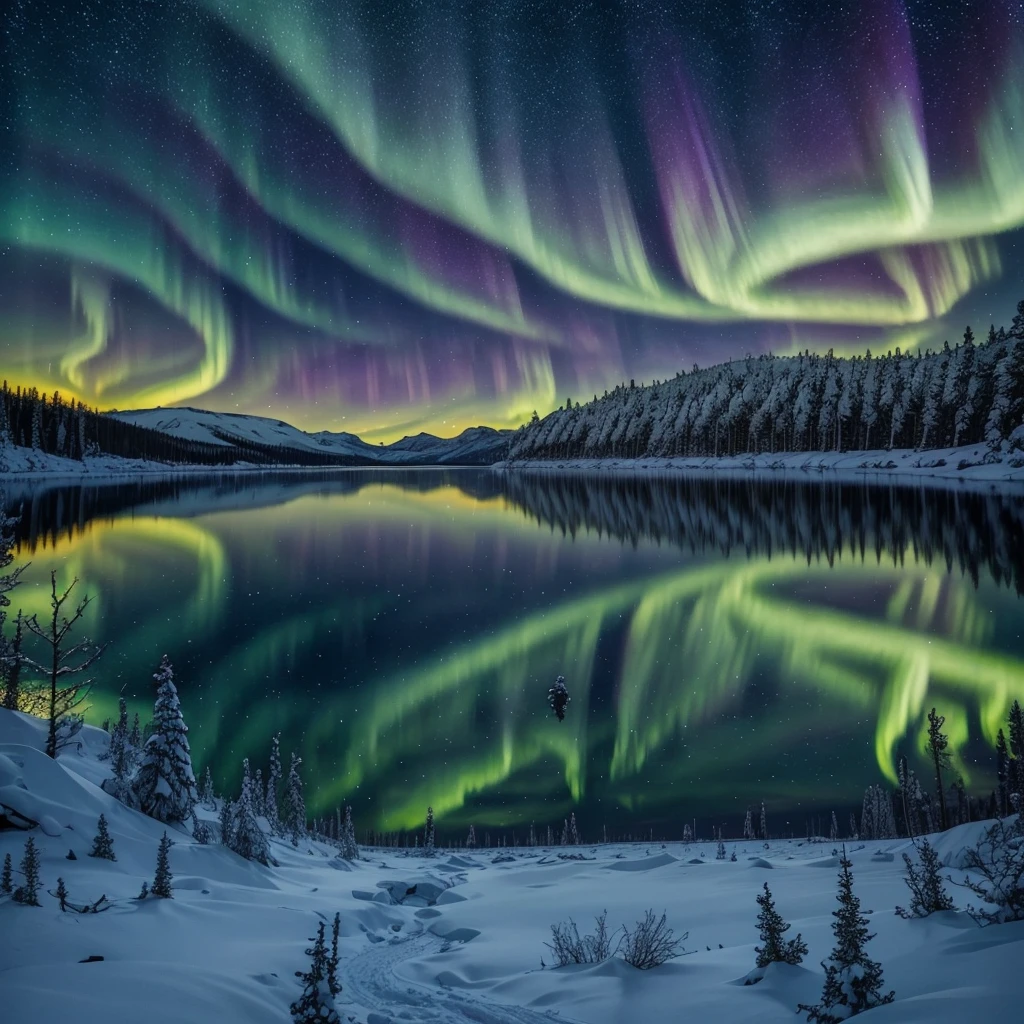 Frozen lake in Lapland at night in the middle of winter, snow-capped mountains and frozen trees in the background. Splendid green, purple, orange, yellow northern lights and a starry sky. A fantastic landscape with the breathtaking Northern Lights reflecting on the frozen lake surface.