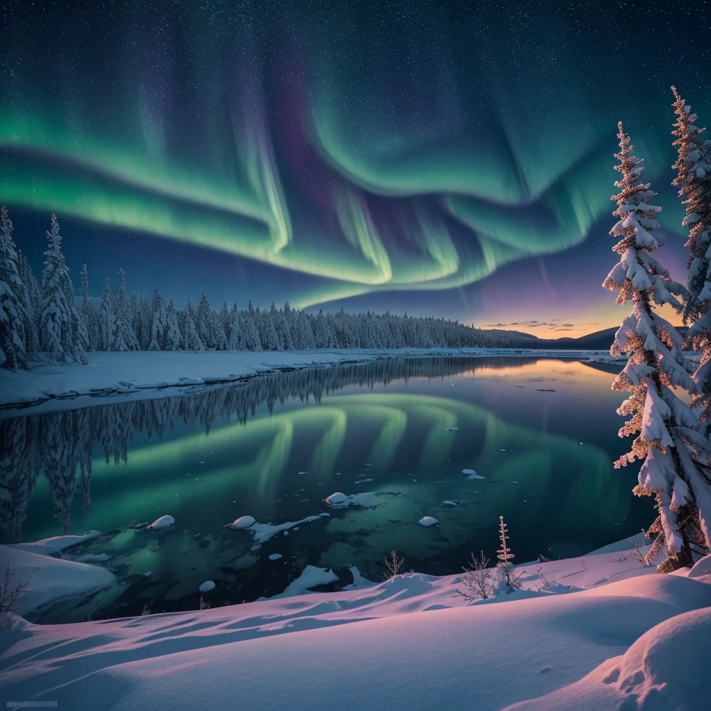 Frozen lake in Lapland at night in the middle of winter, snow-capped mountains and frozen trees in the background. Splendid green, purple, orange, yellow northern lights and a starry sky. A fantastic landscape with the breathtaking Northern Lights reflecting on the frozen lake surface.