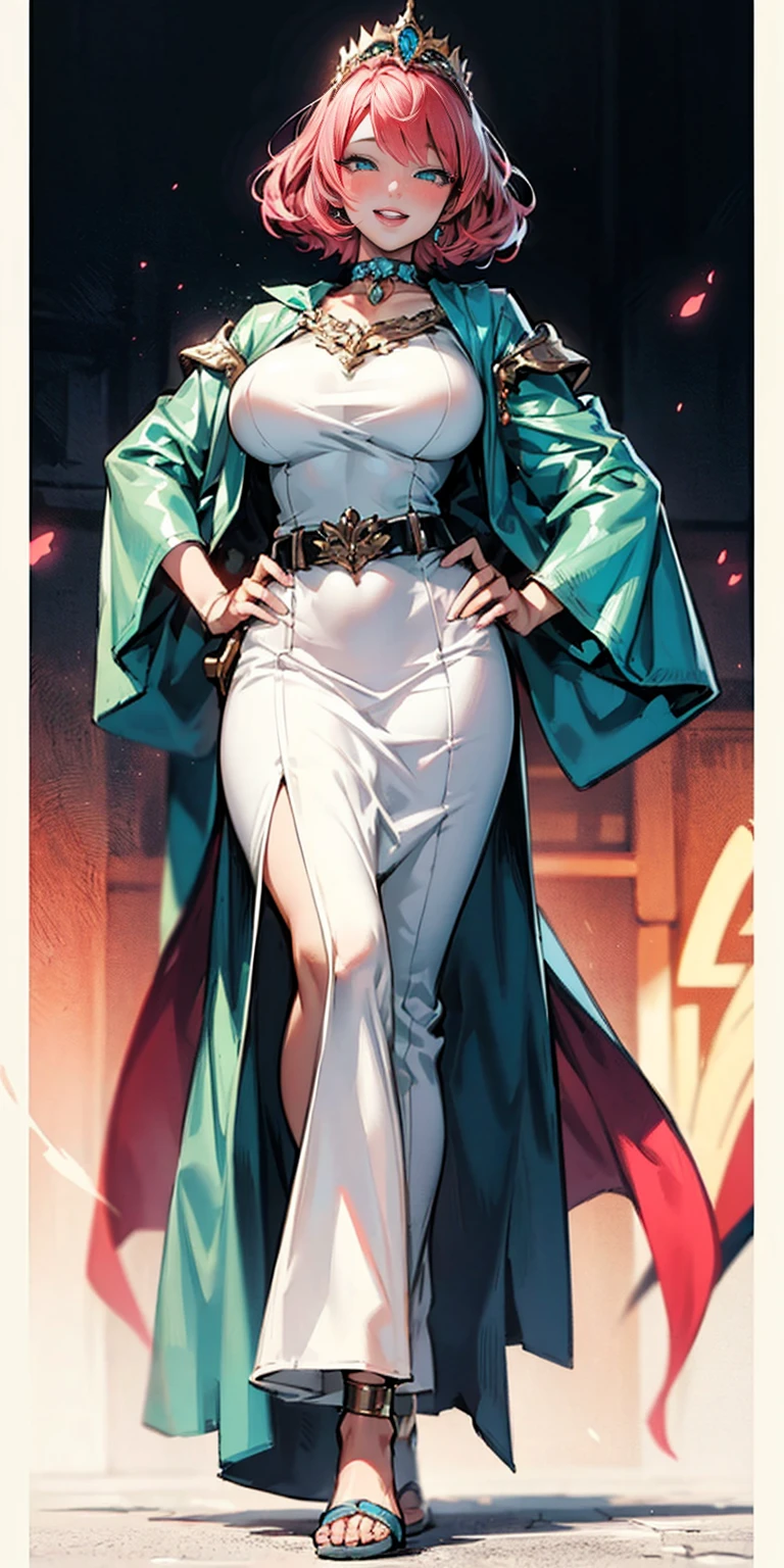 mamika,huge breast, curvy, long dress, long robes, , long skirt, tall female, smile, happy, blush,solo focus, single character, 1girl,walking, full body, whole body. 1solo (girl). standing, hands on hips full body, whole body. choker, big belt, view from below, feet together, bracers, tiara