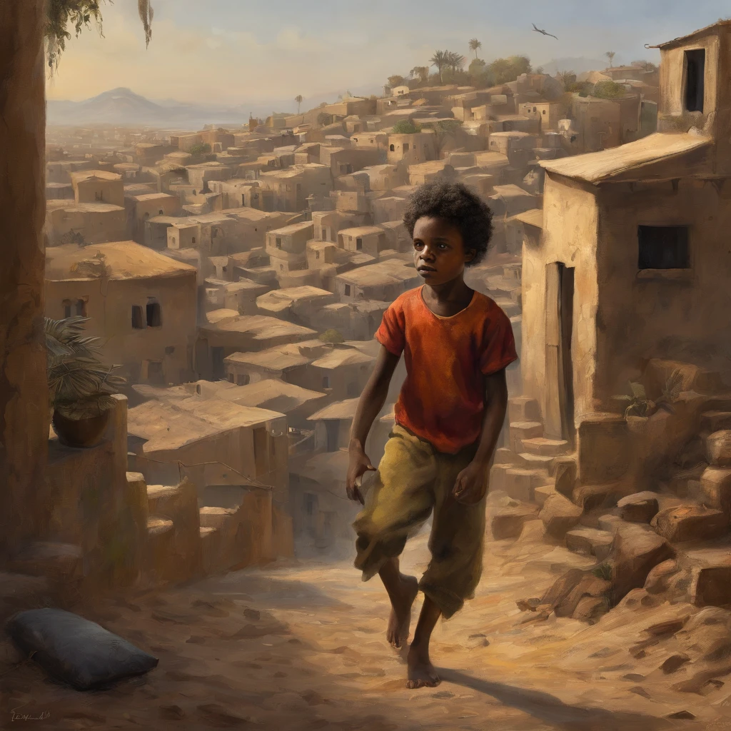 A poor egyptian boy in a favela in cairo drawn by Todd McFarlane and Greg Capullo, he is wearing old and torn clothes, he is playing with a soccer ball, favela in Rio de Janeiro in the background, robert downey jr reference, unreal engine, octane render, by Jacob Lawrence and Francis picabia, perfect composition, beautiful detailed intricate insanely detailed octane render trending on artstation, 8 k artistic photography, photorealistic concept art, soft natural volumetric cinematic perfect light, chiaroscuro, award - winning photograph, masterpiece, oil on canvas, raphael, caravaggio, greg rutkowski, beeple, beksinski, giger