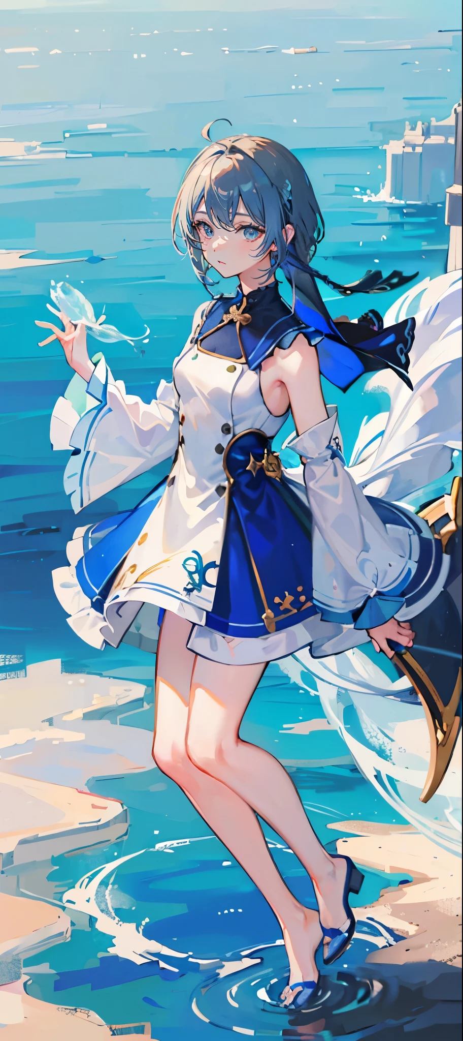 (muste piece), (best quality), very detailed, 1 girl, perfect face, (solo full body shot:1.3), very detailed顔,(Blue-haired shorthair:1.5),(blue eyes:1.4),(Oceanの中:1.4),Ocean,School of small fish,Light,bubble,jellyfish,Ocean藻,Red fish,Yellow fish,深Ocean,fantasy,Ocean底,float,(Ocean底都市:1.3)