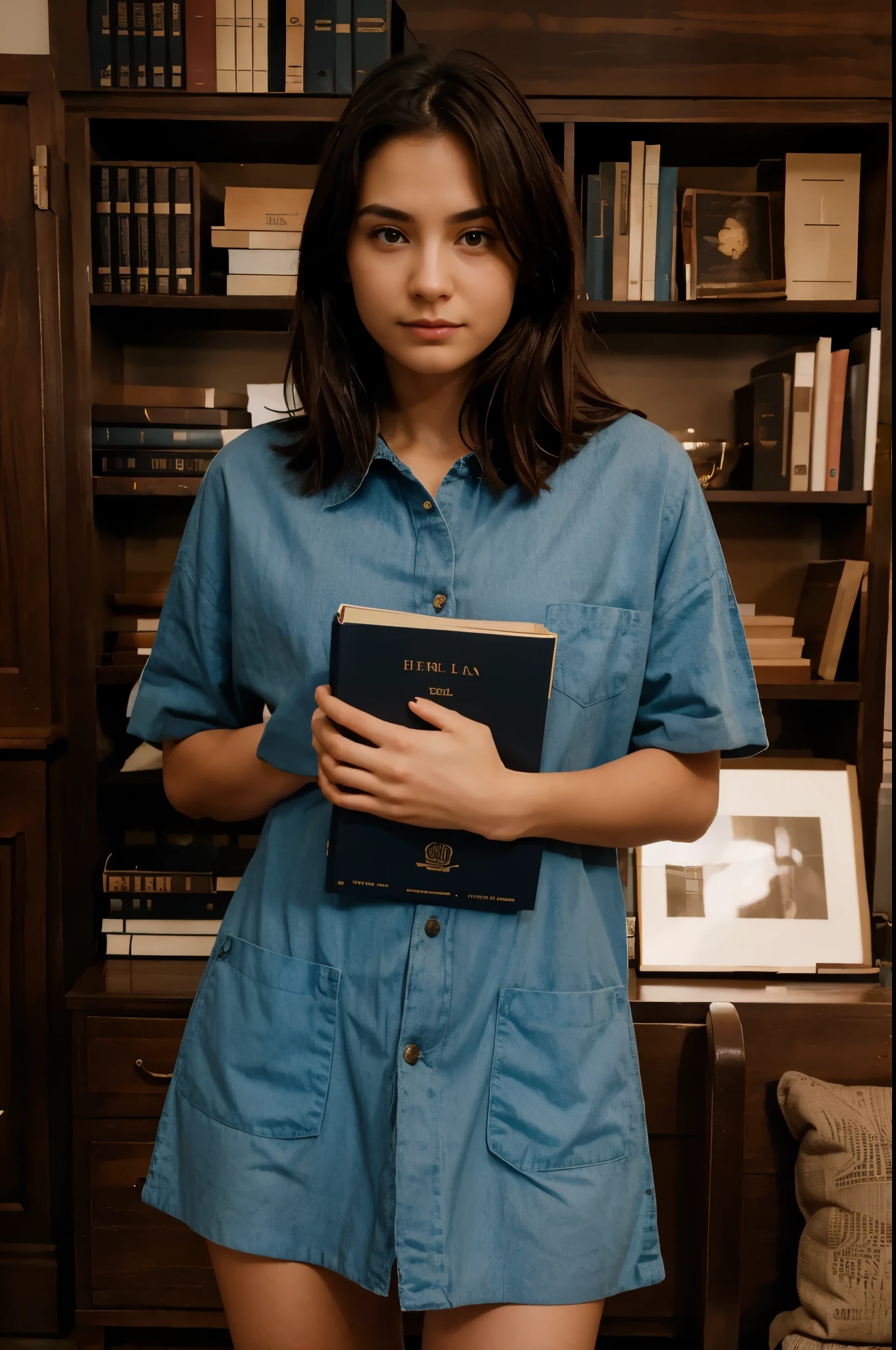 Bring the book cover in front, hands back, eyes down