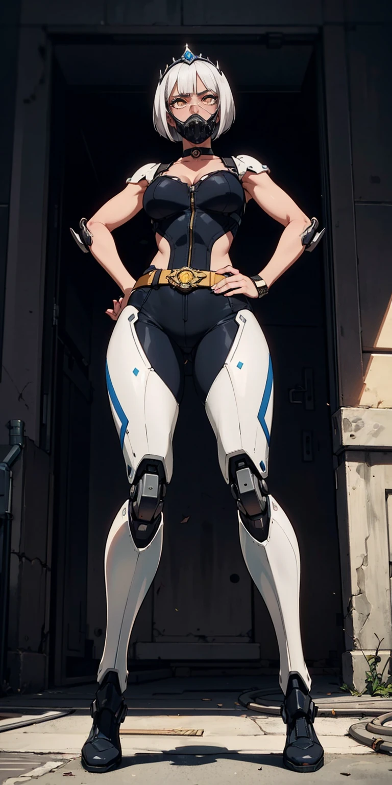 (masterpiece:1.2,high quality), 1girl, ((ultra realistic details)), global illumination, shadows, Unreal Engine, octane render, 8k, ultra sharp, metal, intricate, ornaments detailed, highly intricate details, yellow eyes, (mechanical body:1.2), white hair, (black gas mask), Gear, bob cut, hundreds of wires, Terran, (Robot, android:1.15), Apocalypse, broken buildings, full body, whole body. 1solo (girl). standing, hands on hips full body, whole body. choker, big belt, view from below, feet together, bracers, tiara