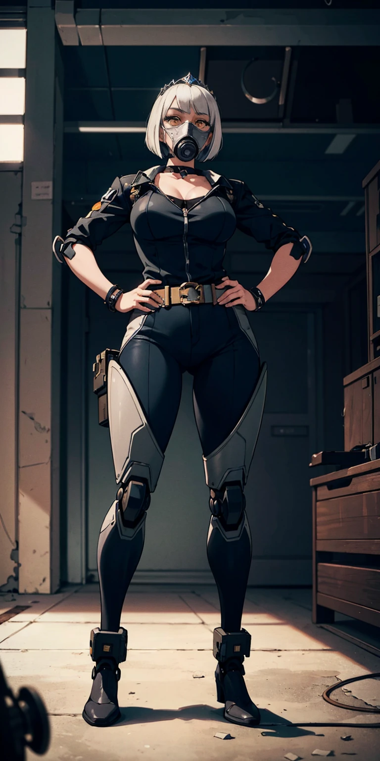 (masterpiece:1.2,high quality), 1girl, ((ultra realistic details)), global illumination, shadows, Unreal Engine, octane render, 8k, ultra sharp, metal, intricate, ornaments detailed, highly intricate details, yellow eyes, (mechanical body:1.2), white hair, (black gas mask), Gear, bob cut, hundreds of wires, Terran, (Robot, android:1.15), Apocalypse, broken buildings, full body, whole body. 1solo (girl). standing, hands on hips full body, whole body. choker, big belt, view from below, feet together, bracers, tiara
