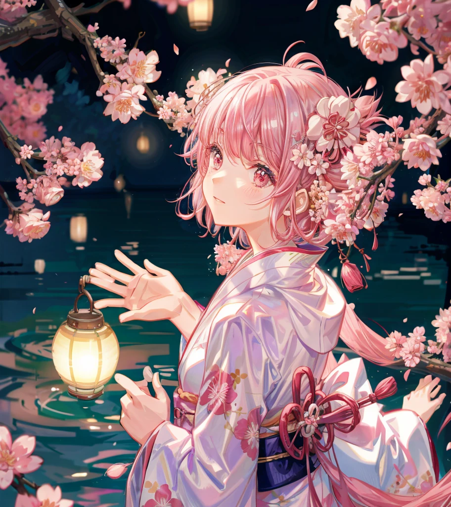 Fantastic dusk at night、While cherry blossom petals flutter gracefully、The scenery was beautiful like a watercolor painting.。At its heart is、A beautiful girl wearing a pink and white kimono stood。Her colorful hair is pink and black、The beauty symbolized the beauty of the spirit。In her eyes「Don't forget me」There was a sadness of cherry blossoms with a flower language。